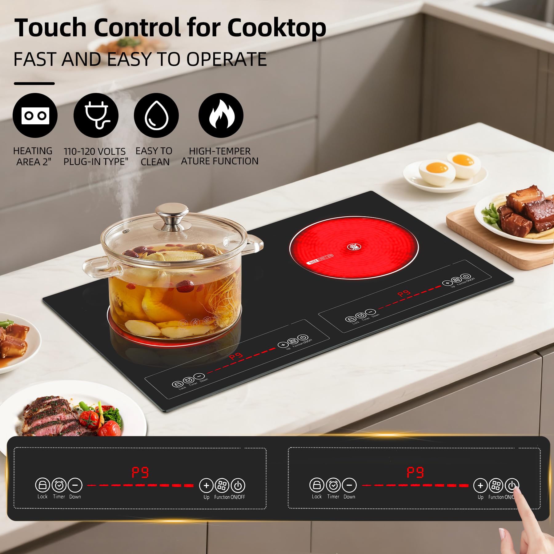 Wesonorous 2 Burner Electric Cooktop,110V 2500W Electric Stove Top with Touch Control,9 Heating Level,Timer & Kid Safety 2 burner cooktop. view 6