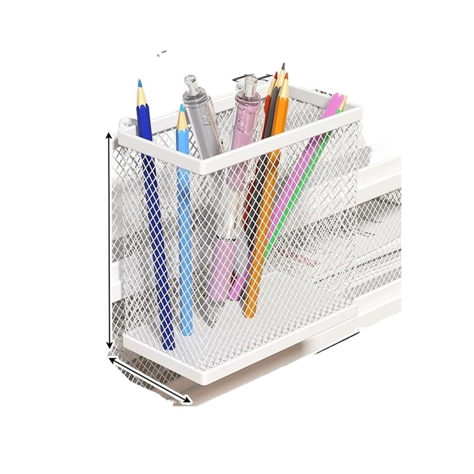 Organisateur de bureau mural porte-stylo en métal blanc et bac de rangement