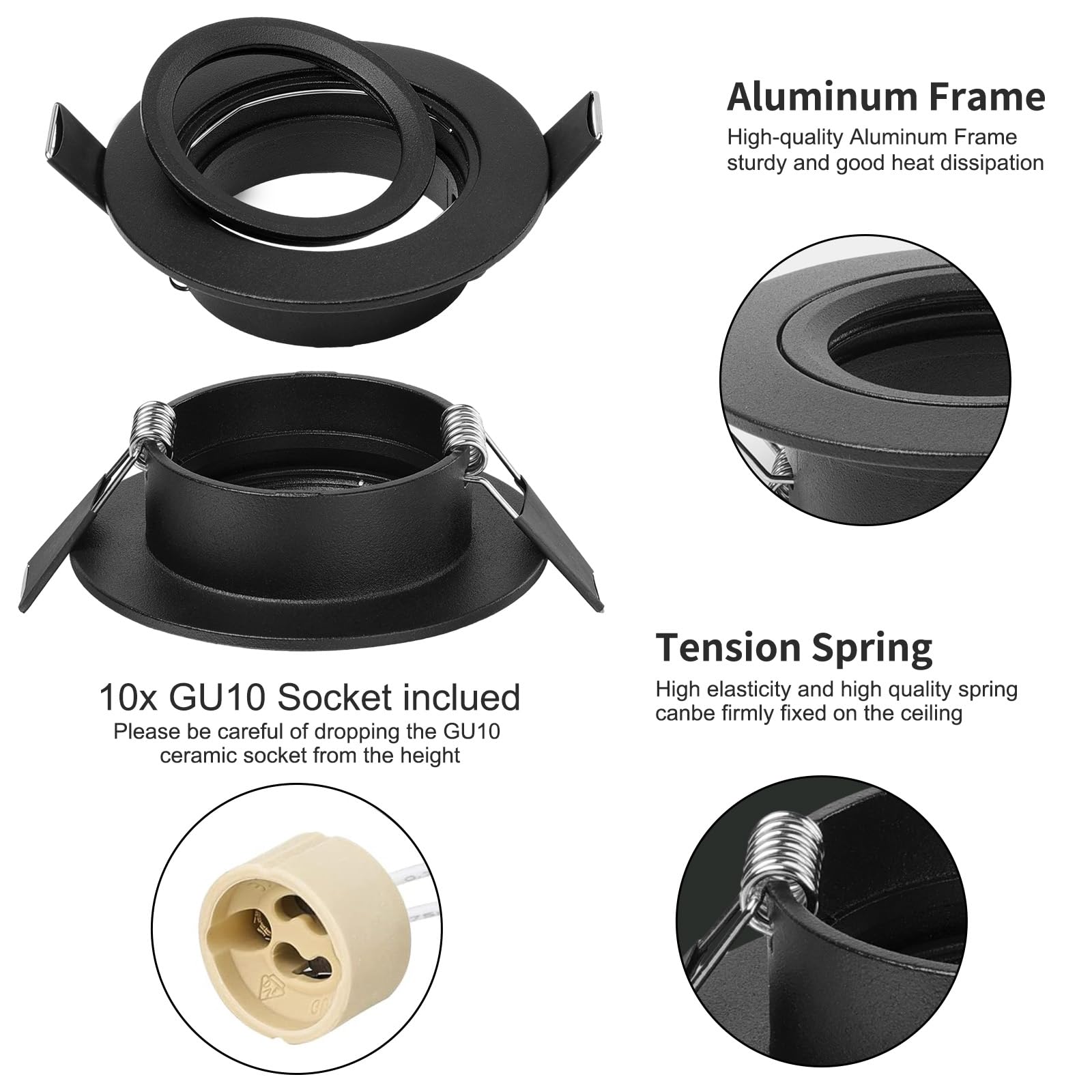 GeyouLux Reflektor LED do zabudowy 230V Rama z gniazdem GU10, czarne aluminiowe reflektory sufitowe, okrągłe płaskie reflektory łazienkowe rama montażowa 68 mm do GU1O/MR16 Zestaw 6 szt