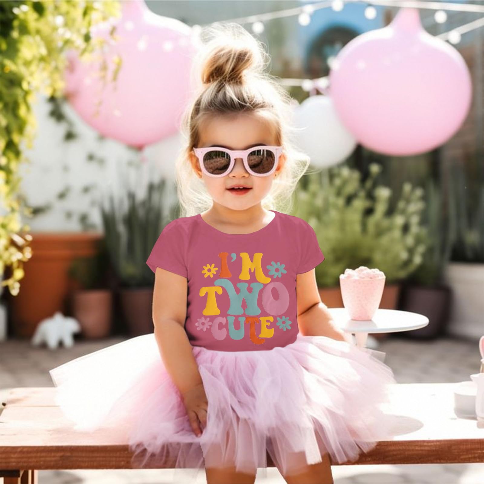 T-shirt 2ème anniversaire pour fille « I'm Two Cute » Imprimante Chemise Deuxième Anniversaire T-shirt Fête d'anniversaire Vêtements Été Manches Courtes Hauts Doux Col Rond Chemises 2 Ans Enfants