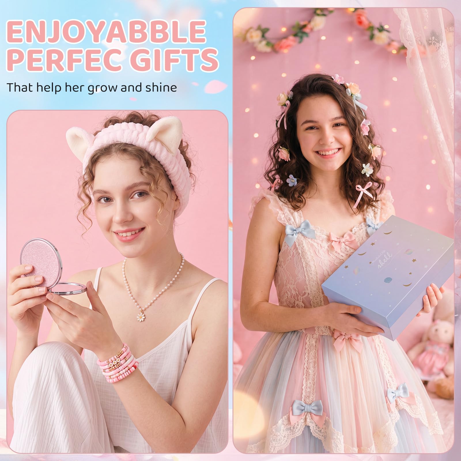 Eurzom Set di 16 pezzi rosa per ragazze adolescenti, alla moda, regalo di compleanno per ragazze adolescenti di età 12-16 anni, trousse pelose per il trucco, taccuino, bracciali, set con scatola