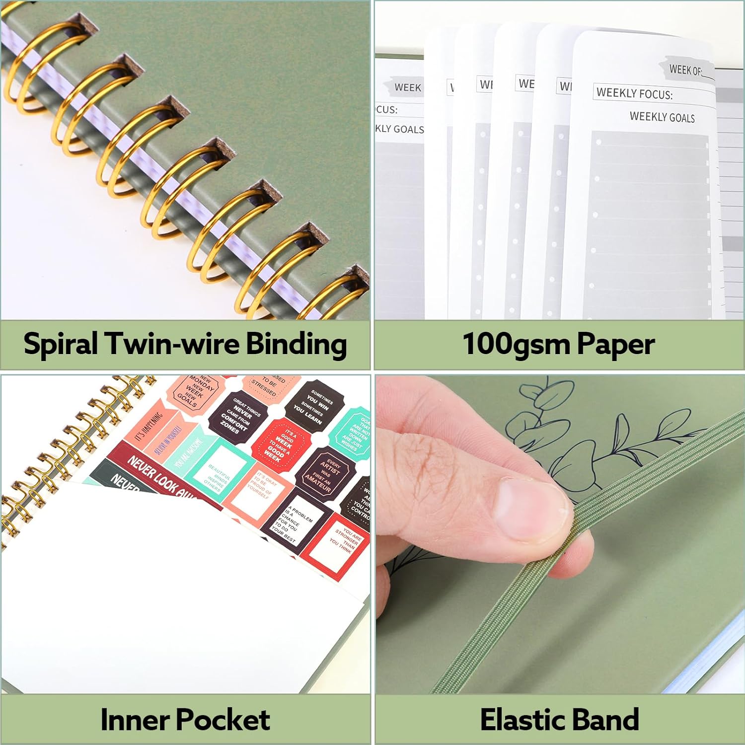 Undated Weekly Planner, A5 Weekly To Do List Notebook with Habit Tracker 52 Weeks Spiral Binding Weekly Planner Notebook with Stickers Home Work School Supplies, Sage Green image 4 of 7 B0F93DTSTR