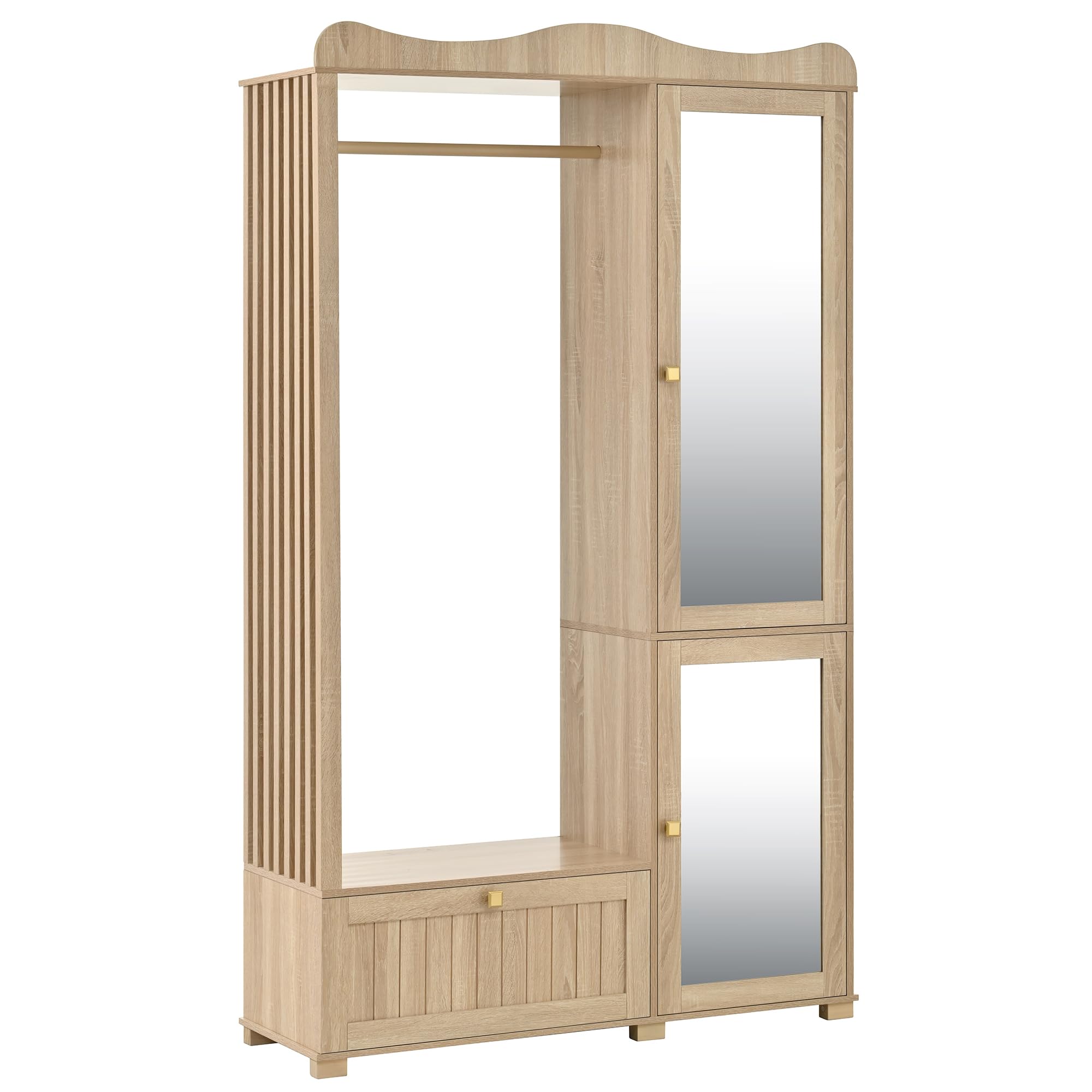 Armadio compatto con specchio, appendiabiti aperto, pratico contenitore con cassetto e 2 ante, ideale per camera da letto e corridoio, rovere