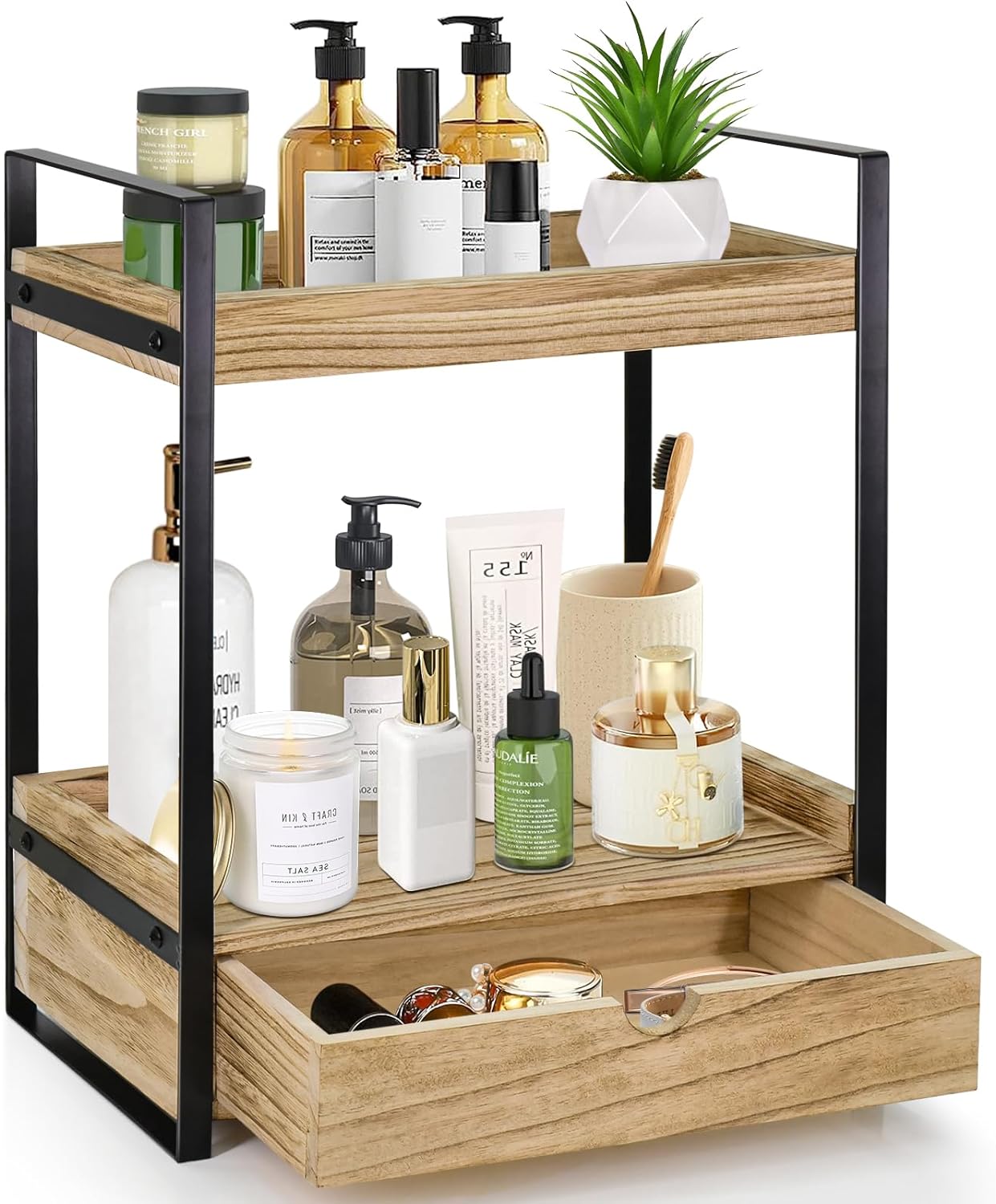 2-Tier Bathroom Organizer Countertop with Drawer, Wood Counter Shelf for Bathroom Storage, Vanity Tray for Bathroom Organization and Decor, Countertop Organizer for Bathroom, Kitchen, Office (Brown)
