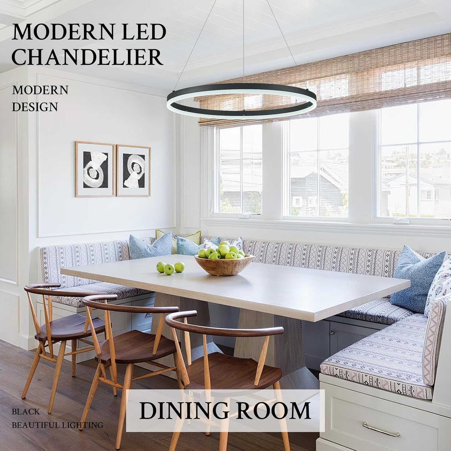 Modern LED Pendant Lighting 24'' Ring Chandelier Black Dimmable LED Chandelier for Dining Room 36W Adjustable Pendant Light Fixture for Living Room Bedroom Home Office Foyer, 3000-6500K