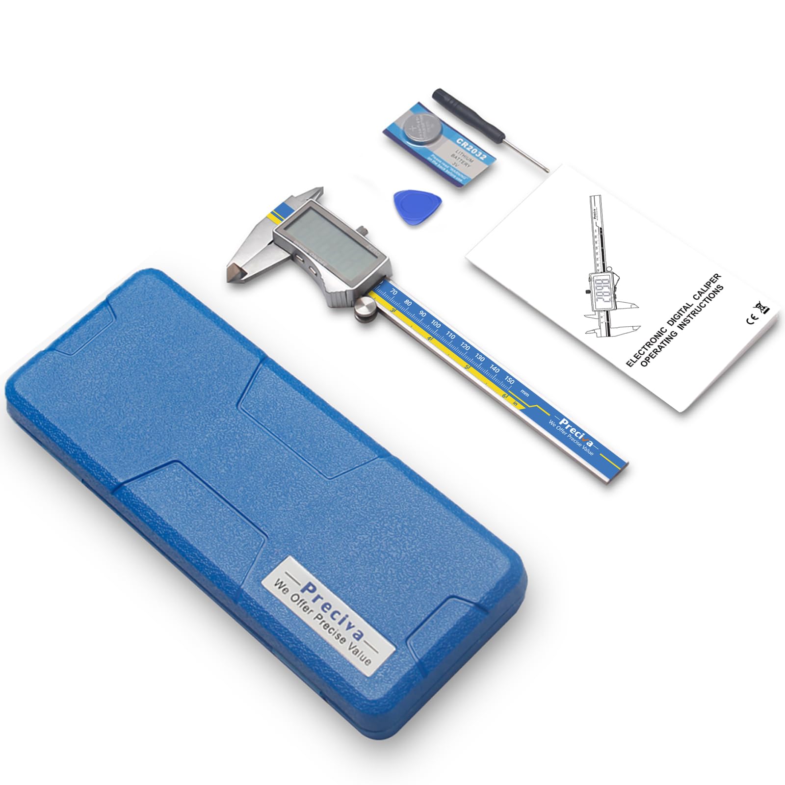 Pied a Coulisse, Preciva Professionnel Pieds à Coulisse Numérique 150mm avec Grand Écran LCD, Précision Digital Outil Vernier Micromètre, Acier Inoxydable avec MM/Inch Conversion, Bleu et Jaune