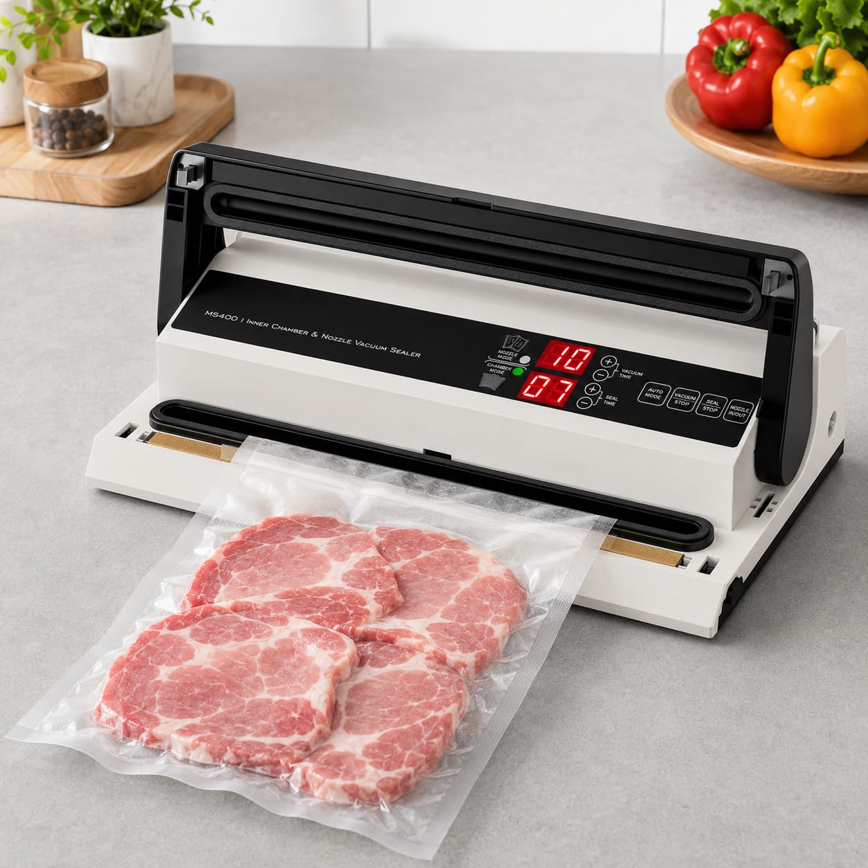 Sellador al vacío de cámara comercial de 250 W, doble bomba, barra de sellado de 40 cm | Modos automático y manual, control de vacío de 1 a 60 segundos, ancho de sellado de 8 mm e inflado de aire