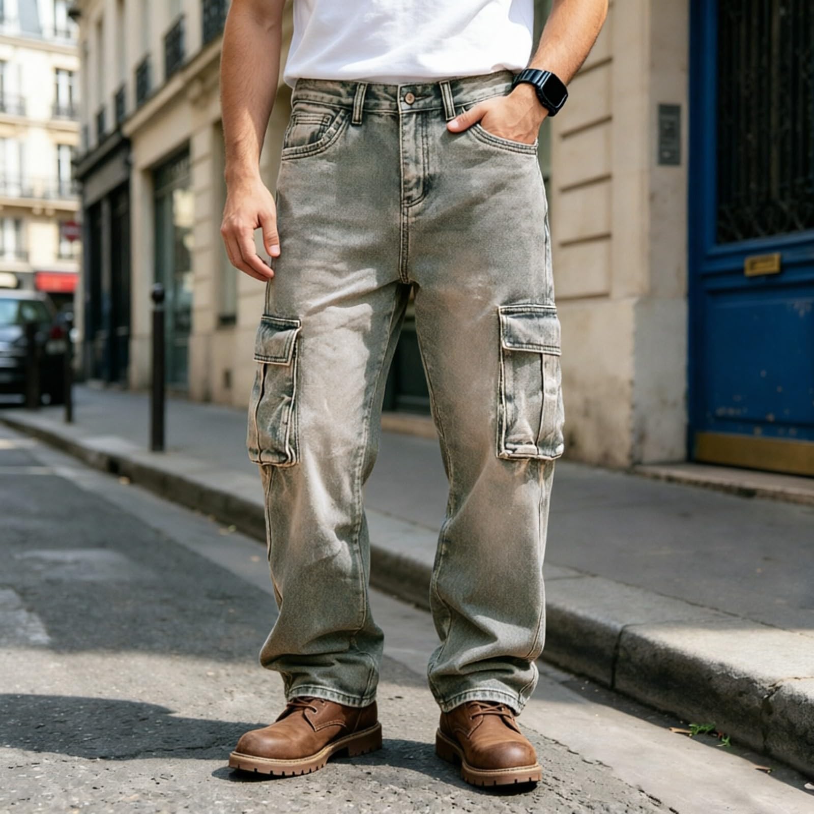 Pantalones Vaqueros Cargo con Bolsillos, Estilo Casual Urbano, Corte Recto y Holgado.