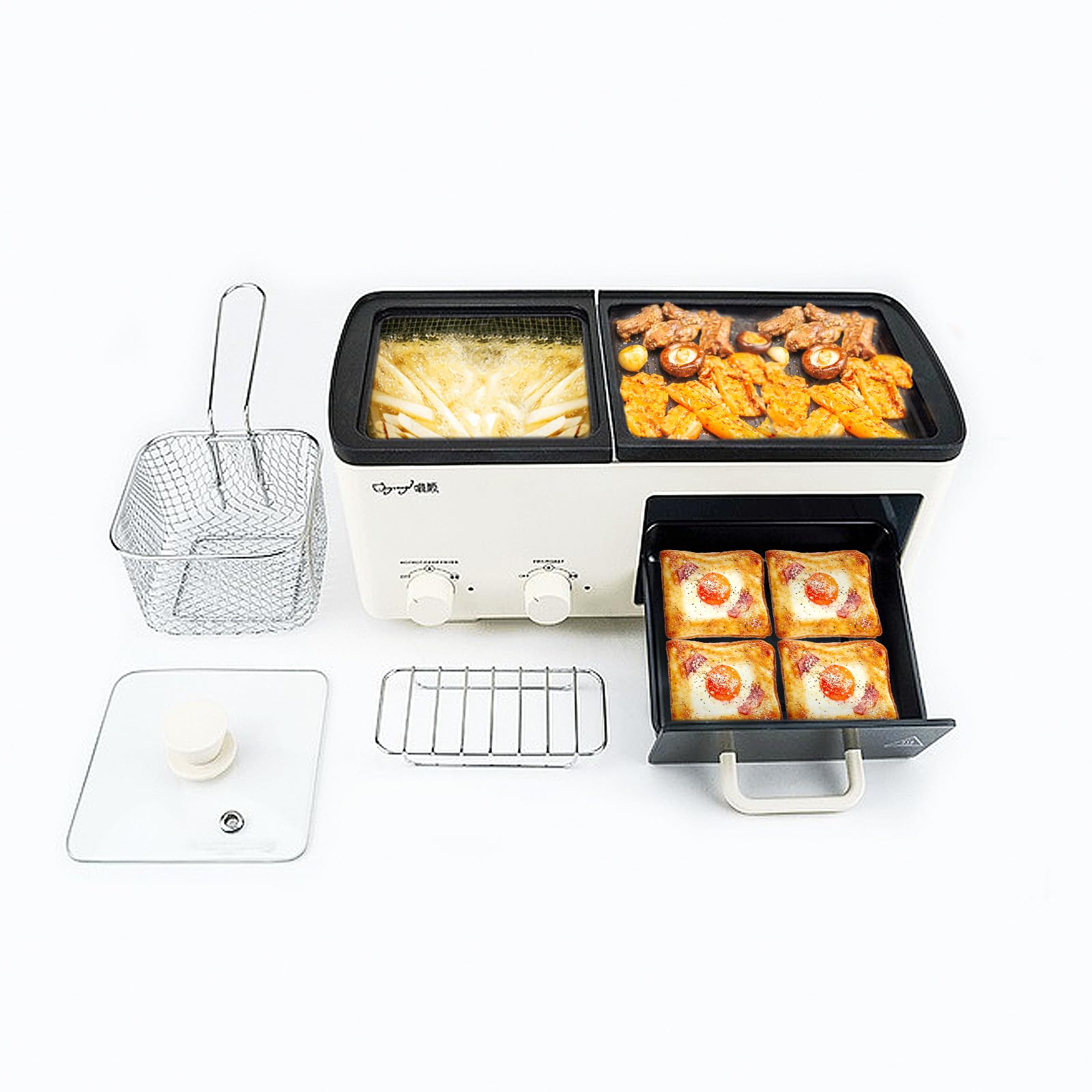 Yangming Newest 4 in 1 Breakfast Maker Station With Grill, Toast Drawer and Frying Basket, Removable Nonstick Plates, Independent Dual Temperature Control, Essential for Breakfast Burgers Eggs