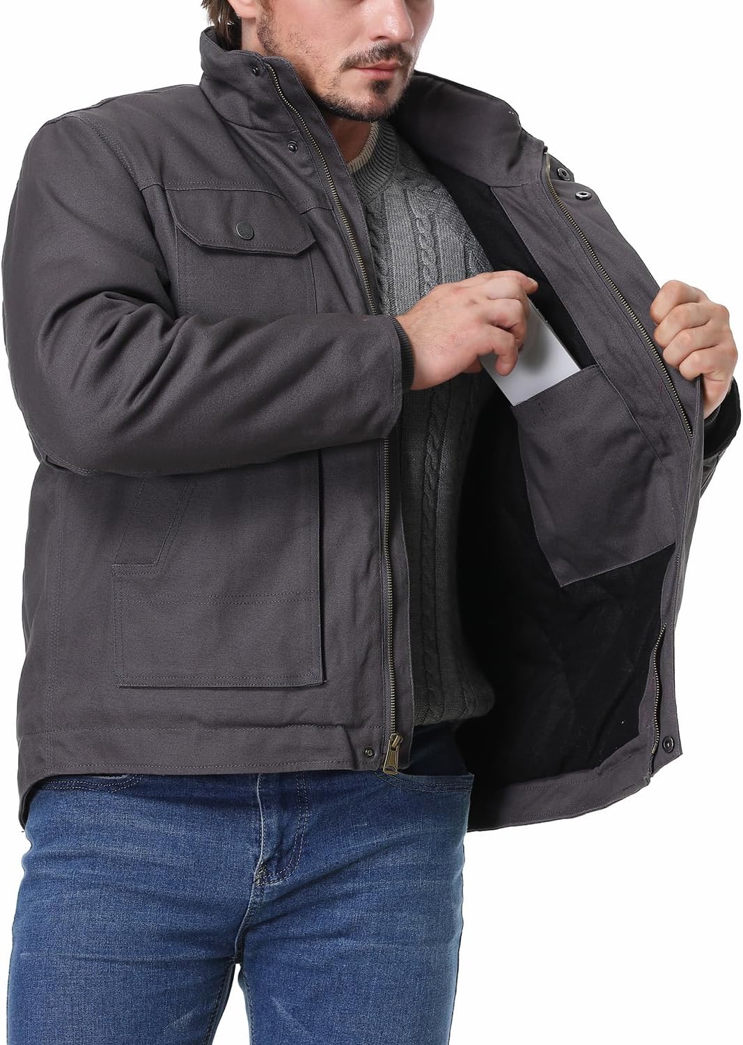 Men's Quilted Flannel Lined Work Coat Long-Lasting Loose Casual Jacket Waterproof Workwear - Image 5