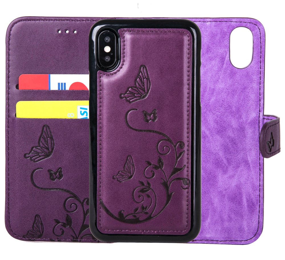 iPhone Xs/iPhone X Wallet Case with 2 in 1 Detachable Slim Case, Women's Embossed Flower Butterfly Pattern Vegan Leather Case, 2 ID Credit Card Pocket, Wrist Strap, Flip Folio, PU Leather - Purple