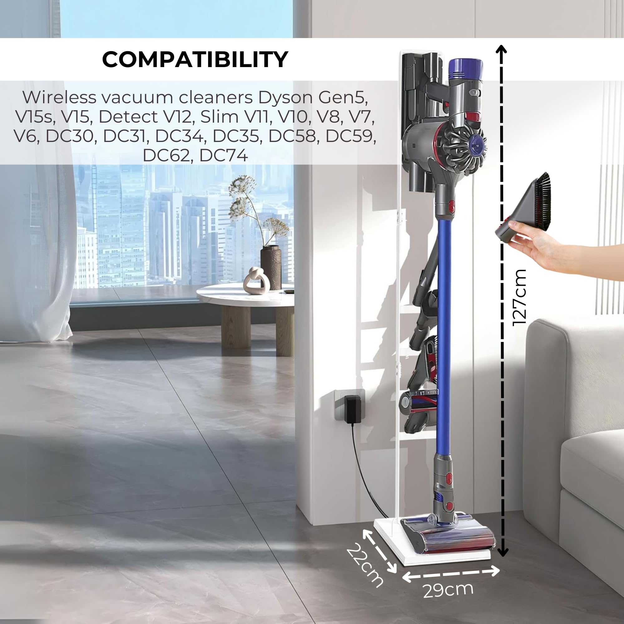 Supporto per Aspirapolvere Compatibile con Dyson V15 V12 V11 V10 V8 V7 V6 - DC45/ DC35/ DC58/ DC59/ DC62/ DC74- Organizzatore da Pavimento con Ruote senza Forare il Muro.
