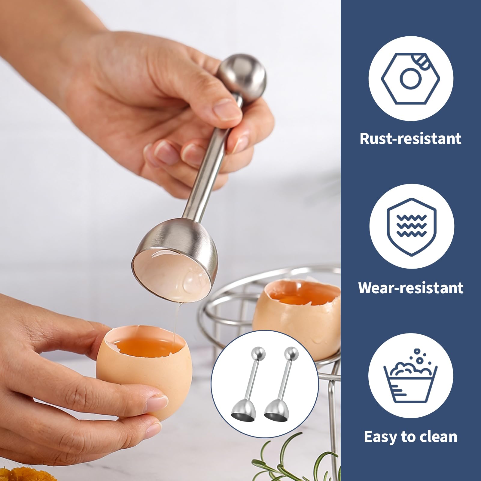 2 Piezas Abridor de Huevos Acero Inoxidable con Resorte, Cortador Cáscara Preciso para Huevos Hervidos, Blandos o Crudos, Herramienta para Abrir Reutilizable para Desayunos, Repostería y Gourmet