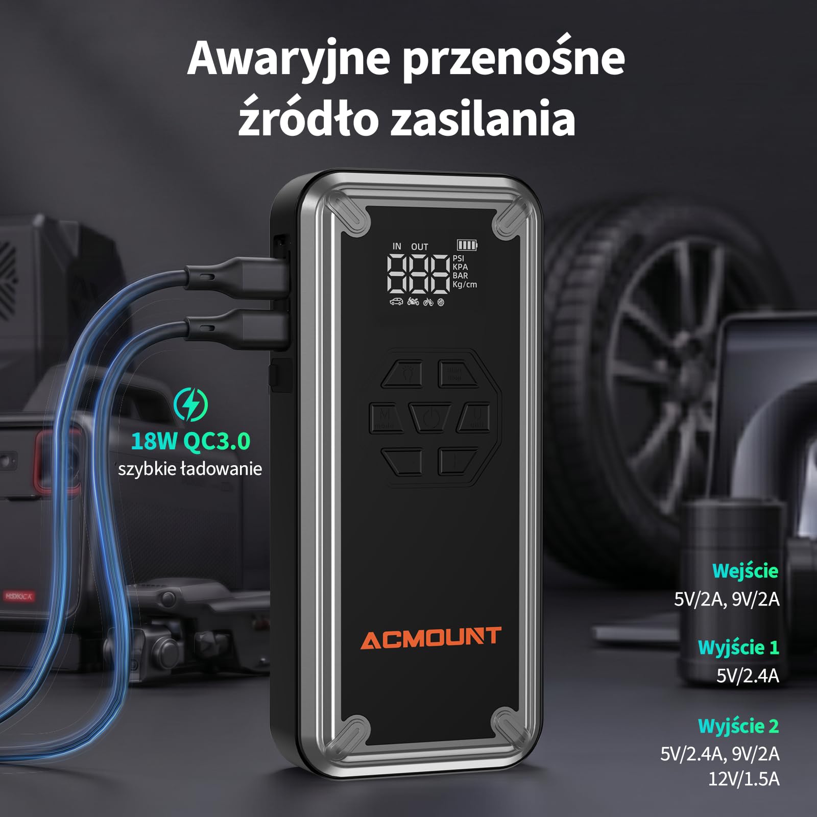 Rozrusznik Samochodowy 7000A, 21800mAh 150PSI Kompresor, Przenośny Wzmacniacz Baterii 12V Odpowiedni do Wszystkich Benzynowych i Silników Wysokoprężnych do 12.0L z Wyświetlaczem LCD i Latarką LED