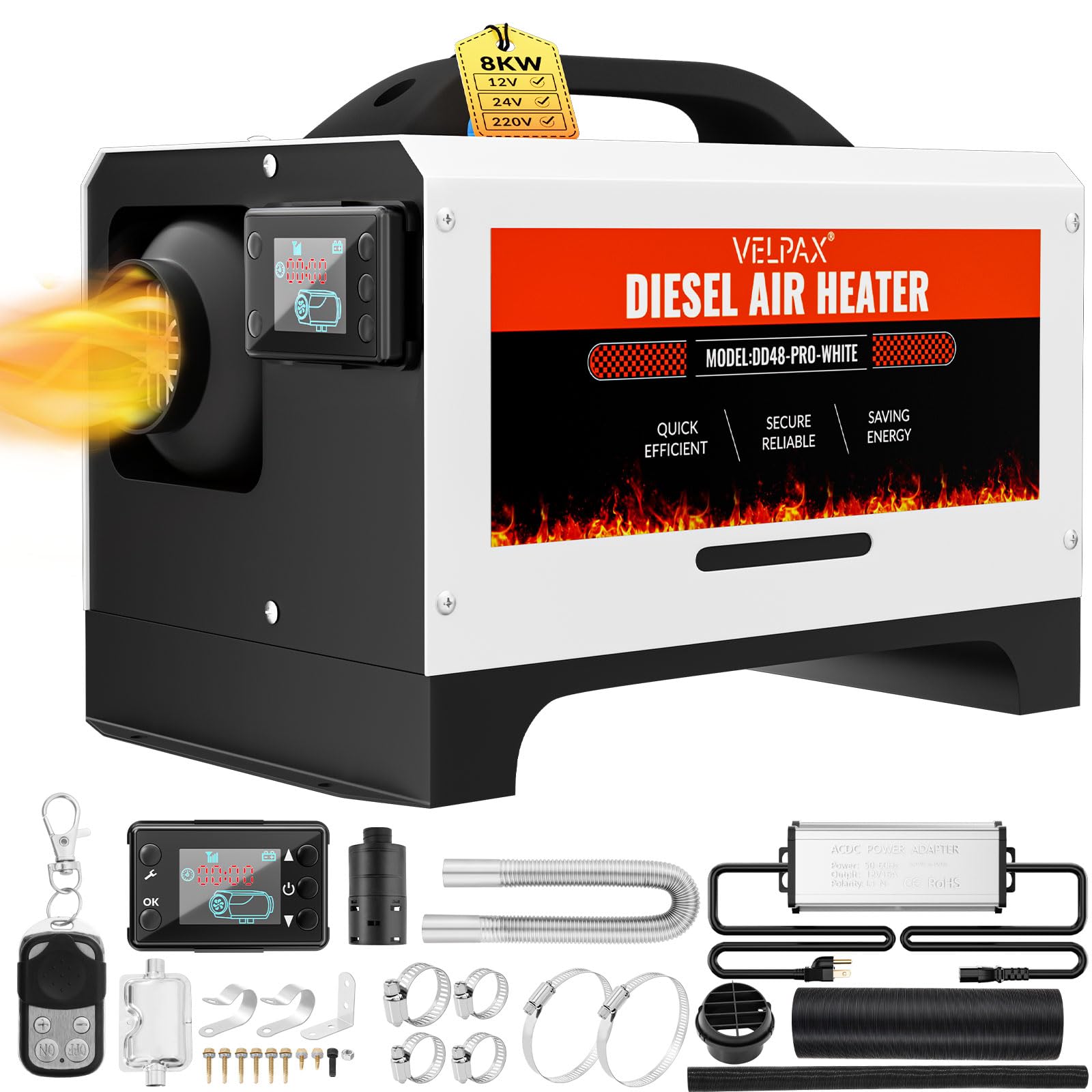 VELPAX Calentador Diésel Portátil Todo en Uno 12 V 24V 220V 8KW,Calentador de Aire Diesel 0,16-0,52 L/h LCD de Control Remoto,Adecuado para automóviles, Camiones, Barcos