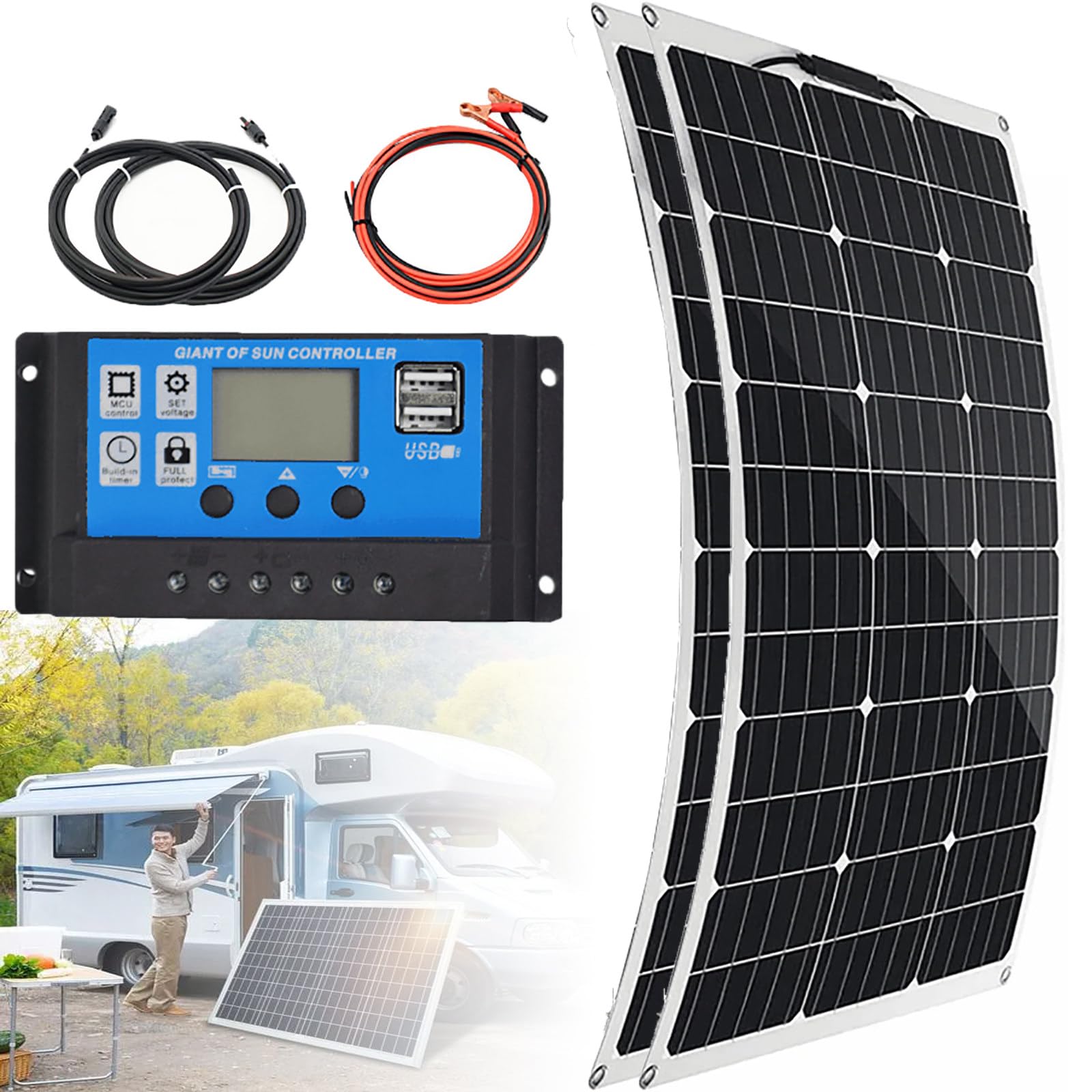 Kit de panel solar para autocaravana de 150 W, 300 W, 450 W y 600 W (flexible de 30°), controlador de carga de 40 A + carga de batería de 12 V, orificios de preinstalación, para jardín, barco y casa