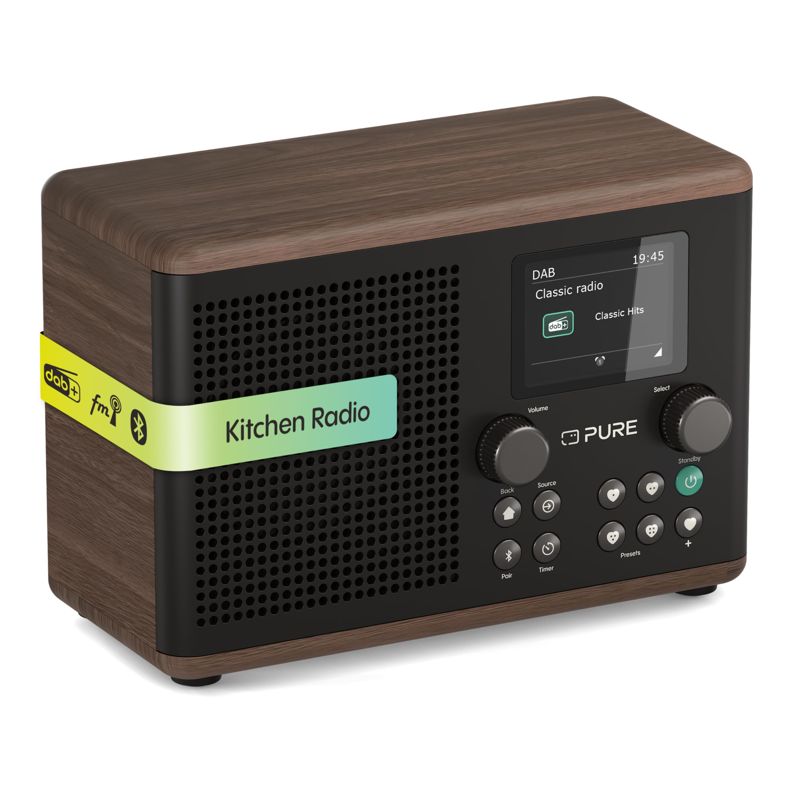 Classic H4 Digital Kitchen Radio (DAB+/FM, Bluetooth, USB, AUX, Kitchen Timer, Alarm), Coffee Black/Walnut