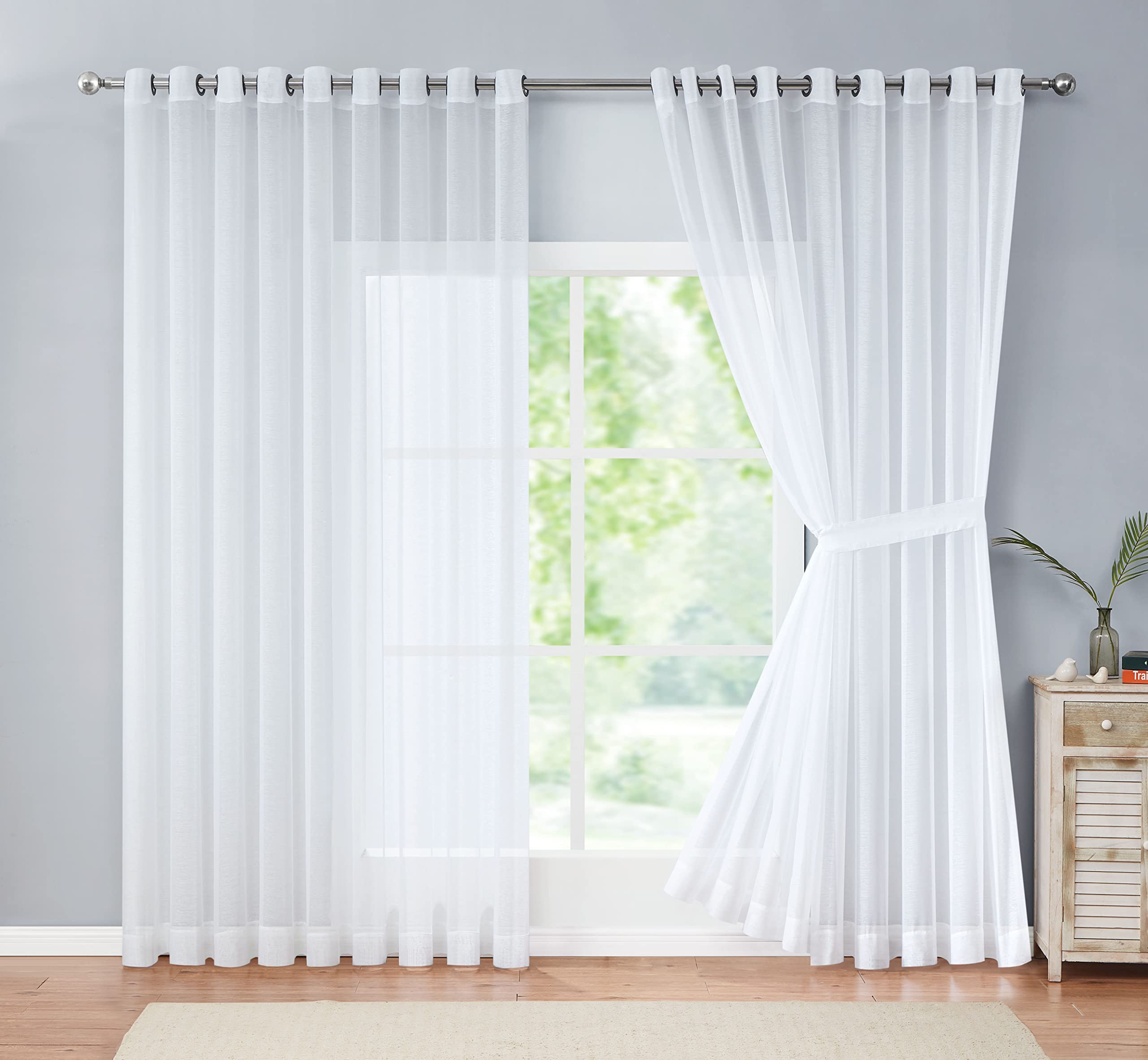 LinenZoneExtra Large Sheer White Room Divider Curtains. Pair of 2 Faux Linen White Backdrop Curtain Panels for Extra Wide Windows, Bay Windows, or for Wedding Backdrop.(Karina 108 x 120, White)