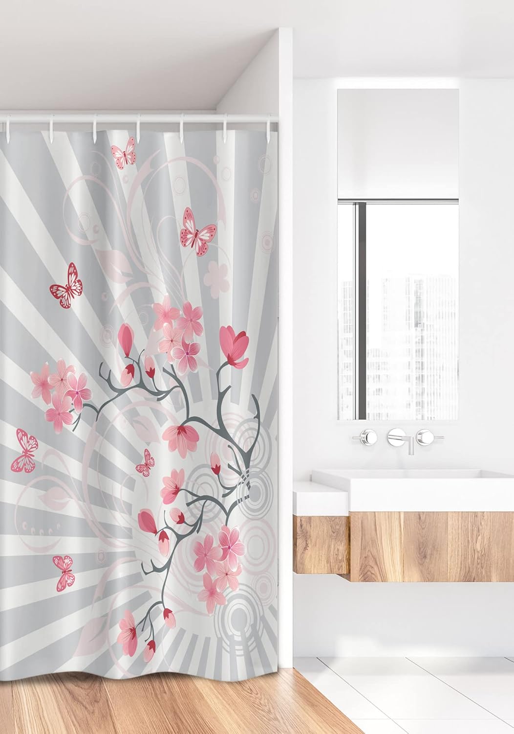 Ambesonne Nature Stall Shower Curtain, Cherry Blooming Butterflies on Stripes Sun Rays Curvy Lines Ornamental Art, Fabric Bathroom Decor Set with Hooks, 36" W x 72" L, Pale Grey Pink