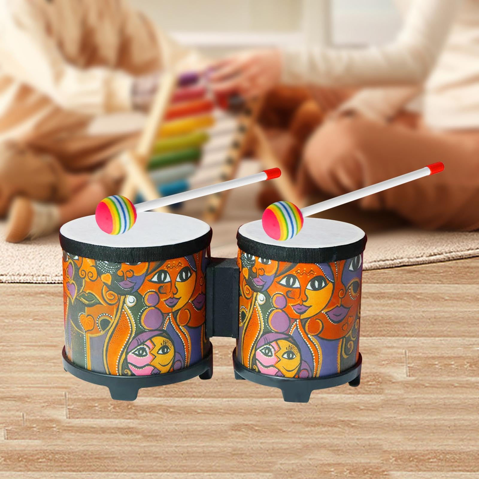 Colcolo Musik-Erleuchtungstrommel, afrikanische Handtrommel mit Holztrommelstöcken, zum Üben von Bongos, Bongo-Trommel-Set für Kinder, Kinder und Erwachsene, Gesicht