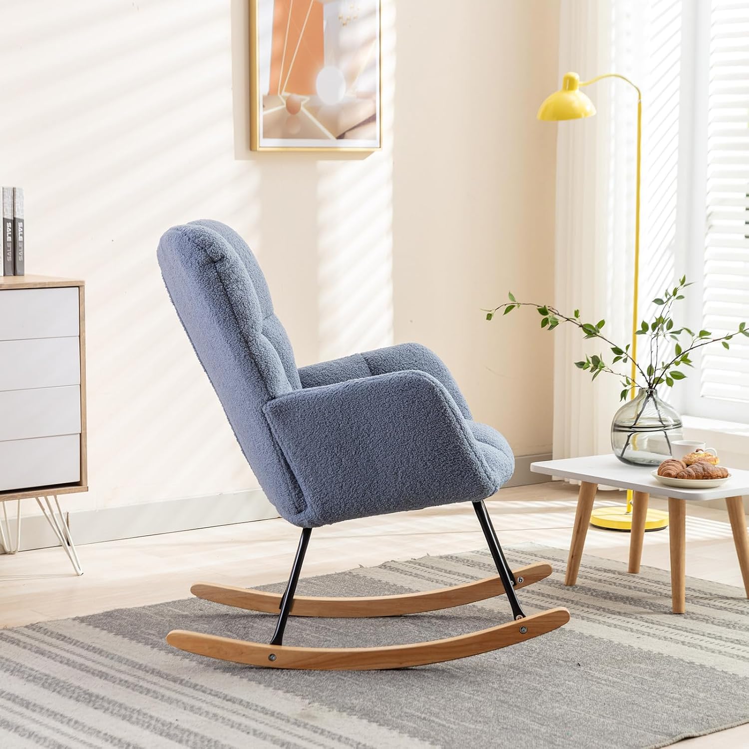 Teddy Fabric Rocking Glider Nursery Chair for Living Room, Tufted Wingback,Comfy Rocking Chair for Adults, 27.6" W x 37.4" H (Light Blue)
