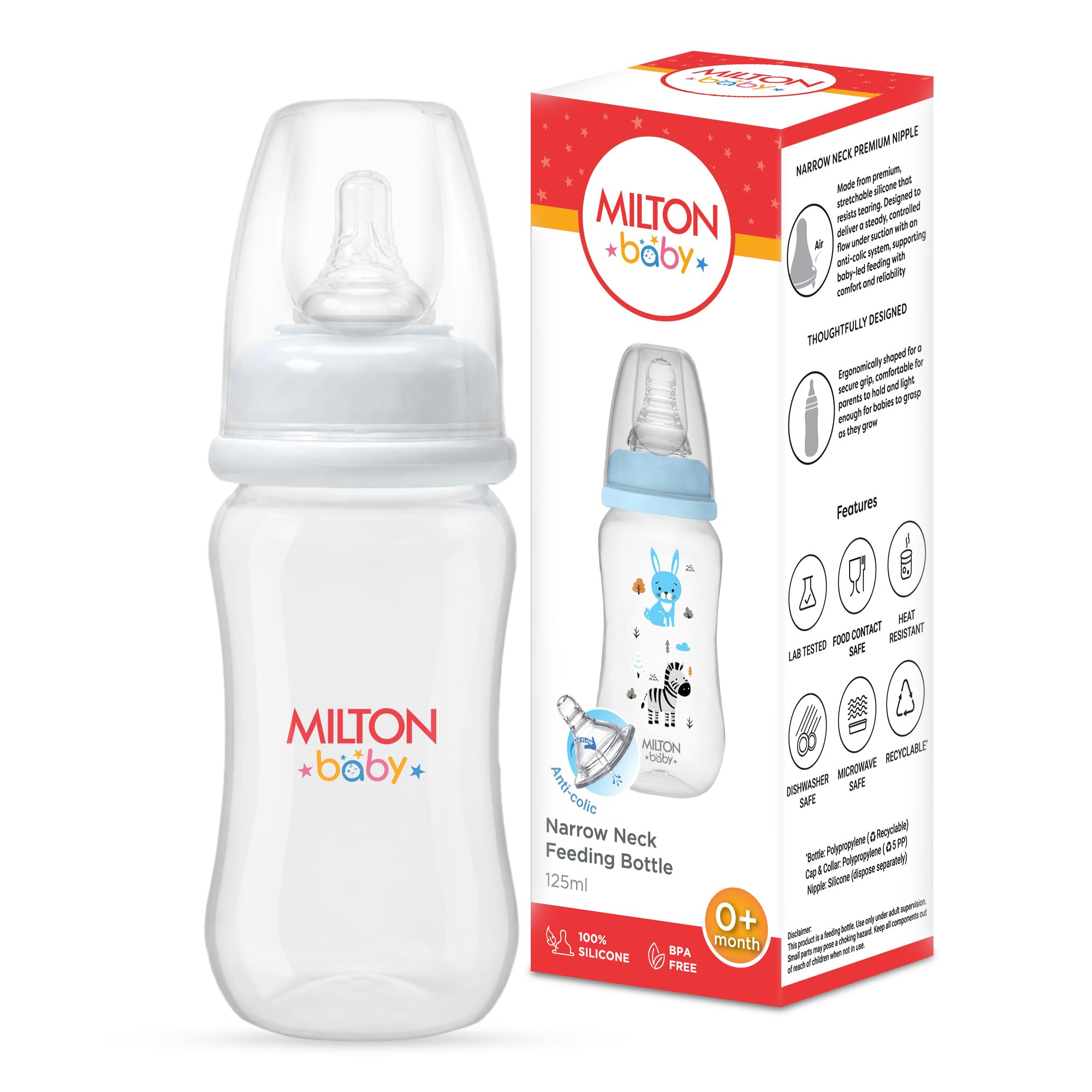 Milton Baby Narrow Neck Feeding Bottle 125 ml I Anti-Colic Design Silicone Nipple I ISI Certified I BPA Free I Supports Baby Led Feeding I Includes Leakproof Cap I Sterilizer Safe I 0+ Months I White-picture-16