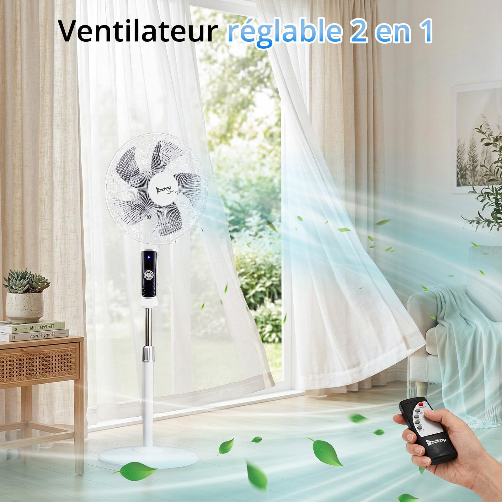 LEADZM Ventilateur pied 40cm 65W blanc hauteur 117-134cm | 5 pales double couche inclinable 3 modes minuterie intégrée