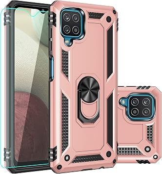 for Galaxy A12 Case,with Screen Protector,[Military Grade] 16ft. Drop Tested Cover with Magnetic Kickstand Car Mount Protective Case for Galaxy A12, Rose Gold