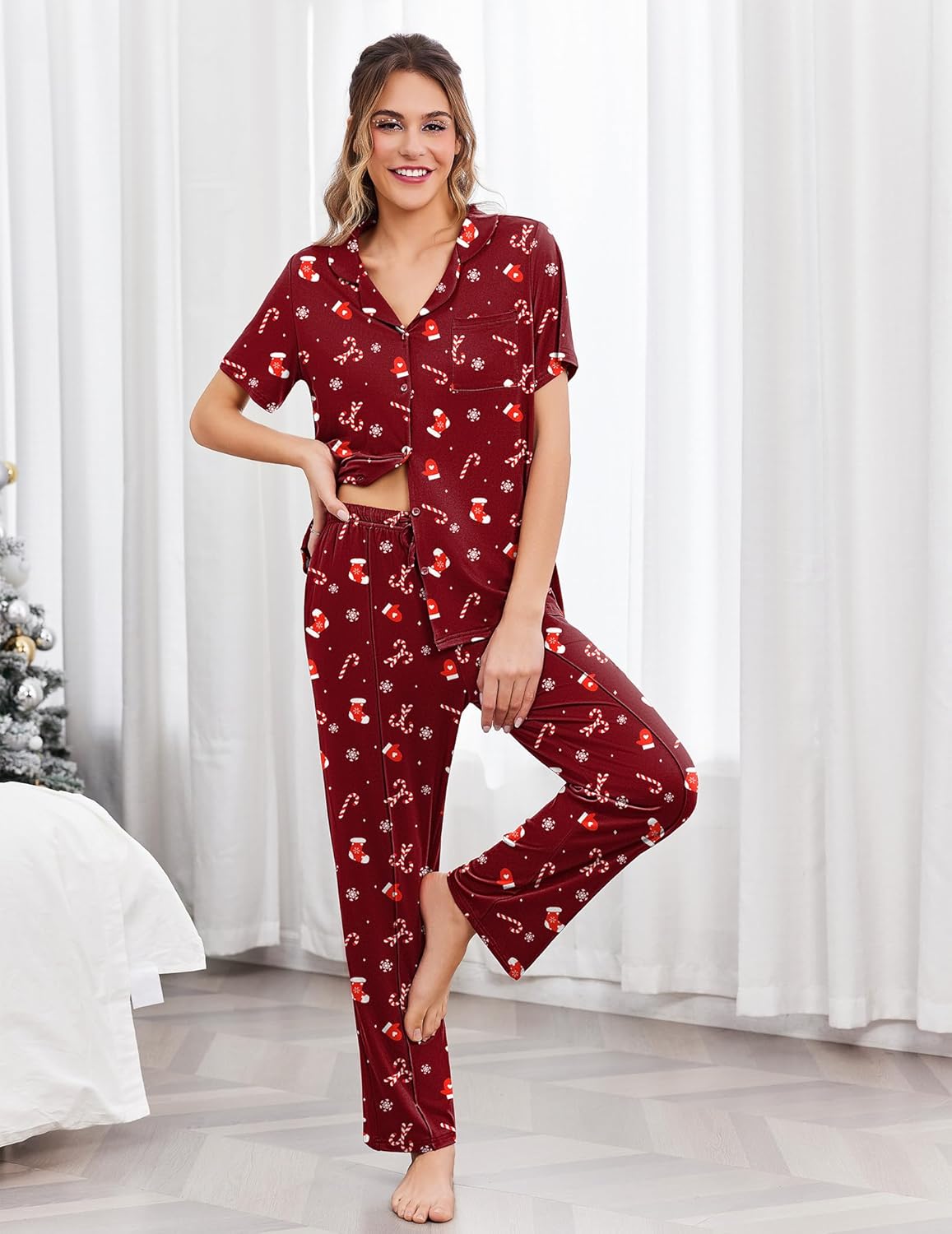 Ekouaer Pajamas for Women Set Button Up Sleepswear 2 Piece Short Sleeve PJ Top and Long Pants Loungwear With Pocket S-XXL - Image 2