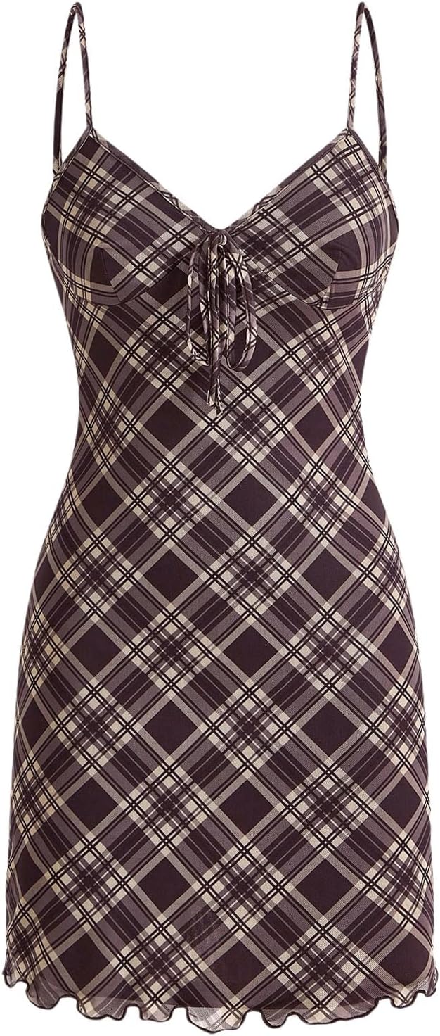 Verdusa Women's Plaid Print Bow Tie Mesh Mini Dress Spaghetti Strap Cami Dresses