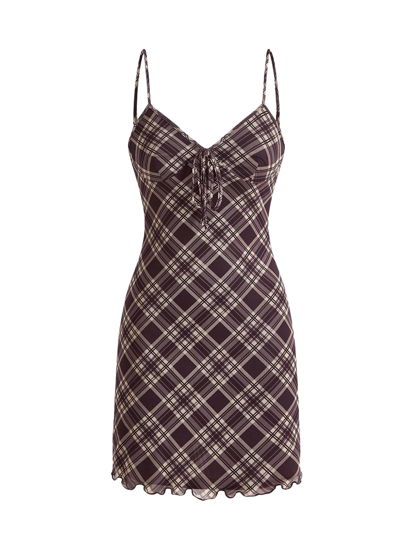 Verdusa Women's Plaid Print Bow Tie Mesh Mini Dress Spaghetti Strap Cami Dresses