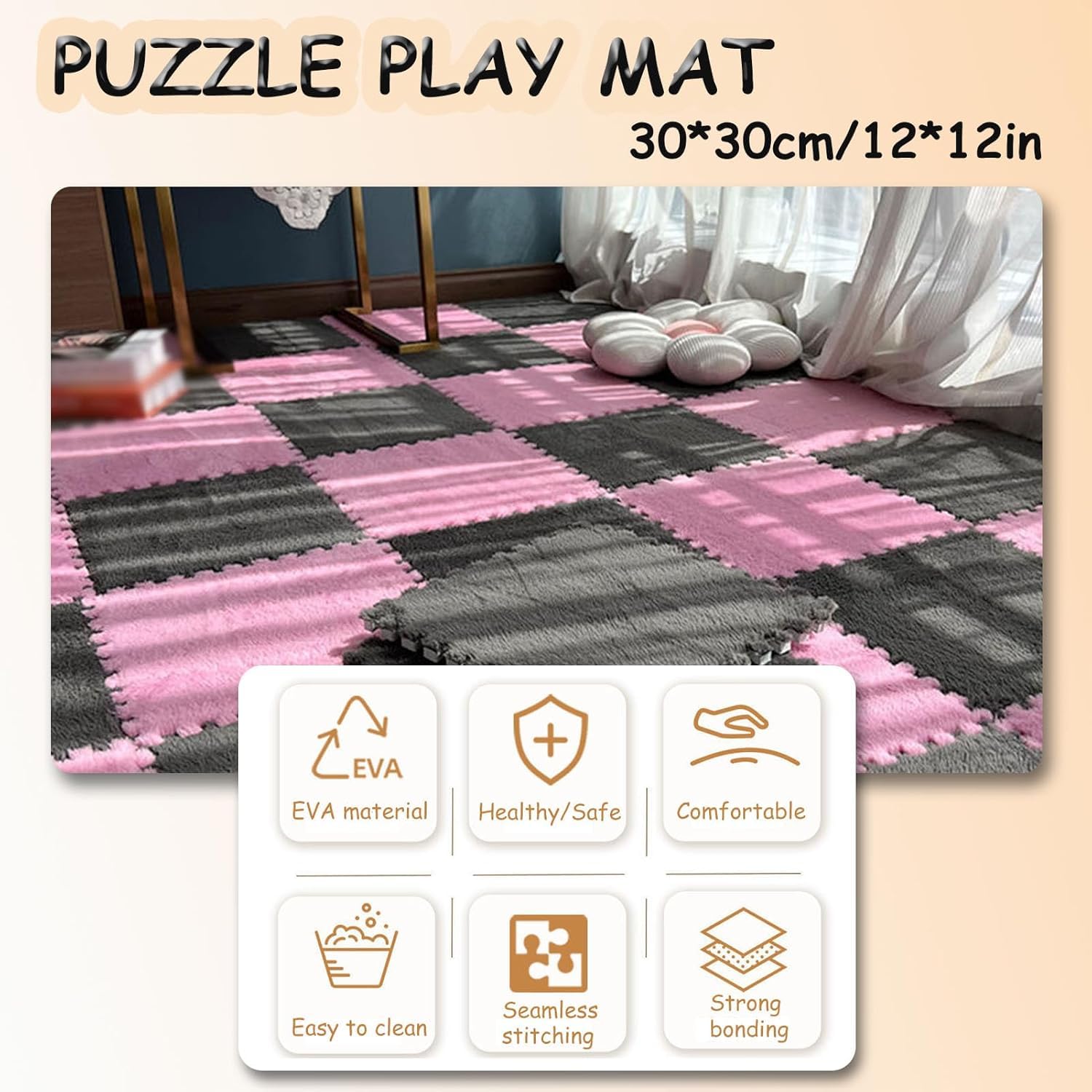 20 sztuk blokujących się klocków dywanowych, kwadratowych mat piankowych do puzzli, pluszowych raczkowania, podłogowych(Pink)