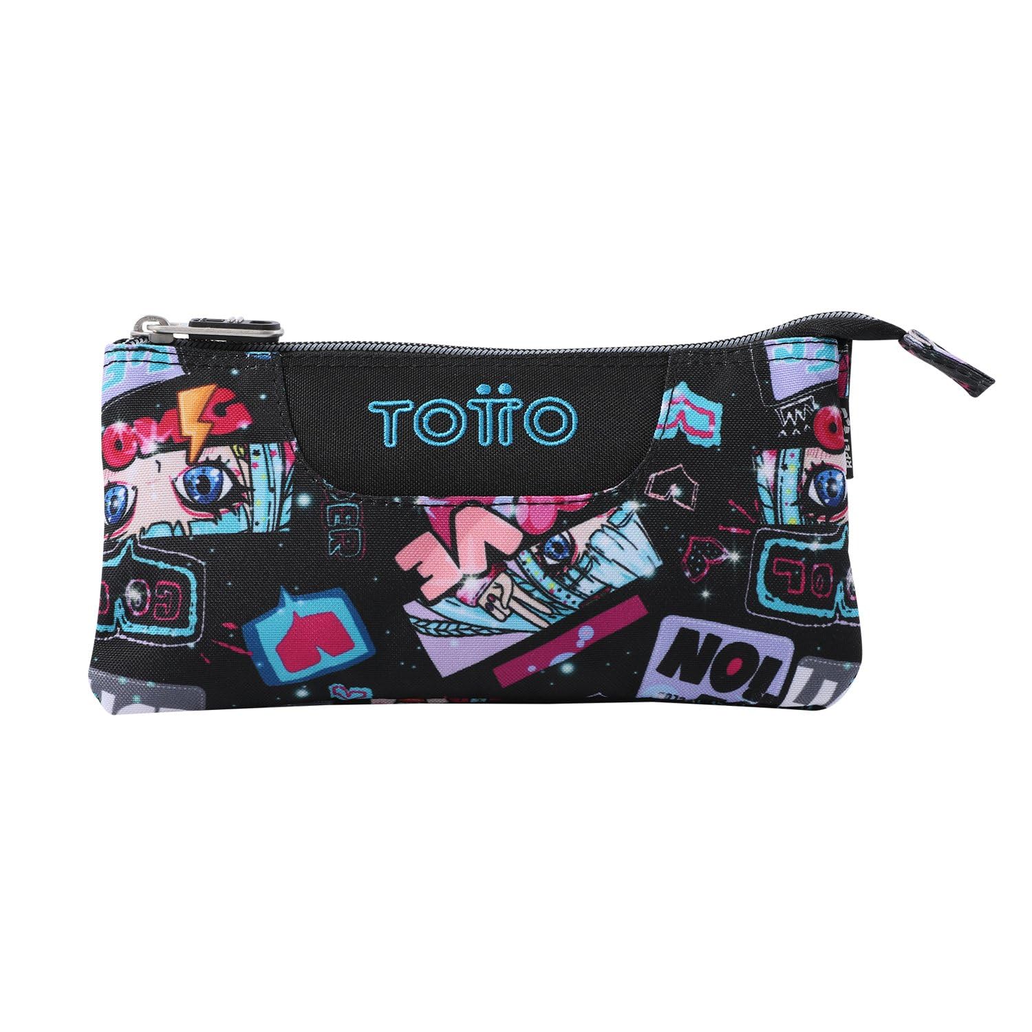 TOTTO - Estuche Escolar 3 Compartimentos, Modelo Tablero, Estuche Grande, Dimensiones 22 x 11 x 3.5 cm, Una Cremallera, Tejido Resistente y Repelente a Líquidos, Estampado Misato