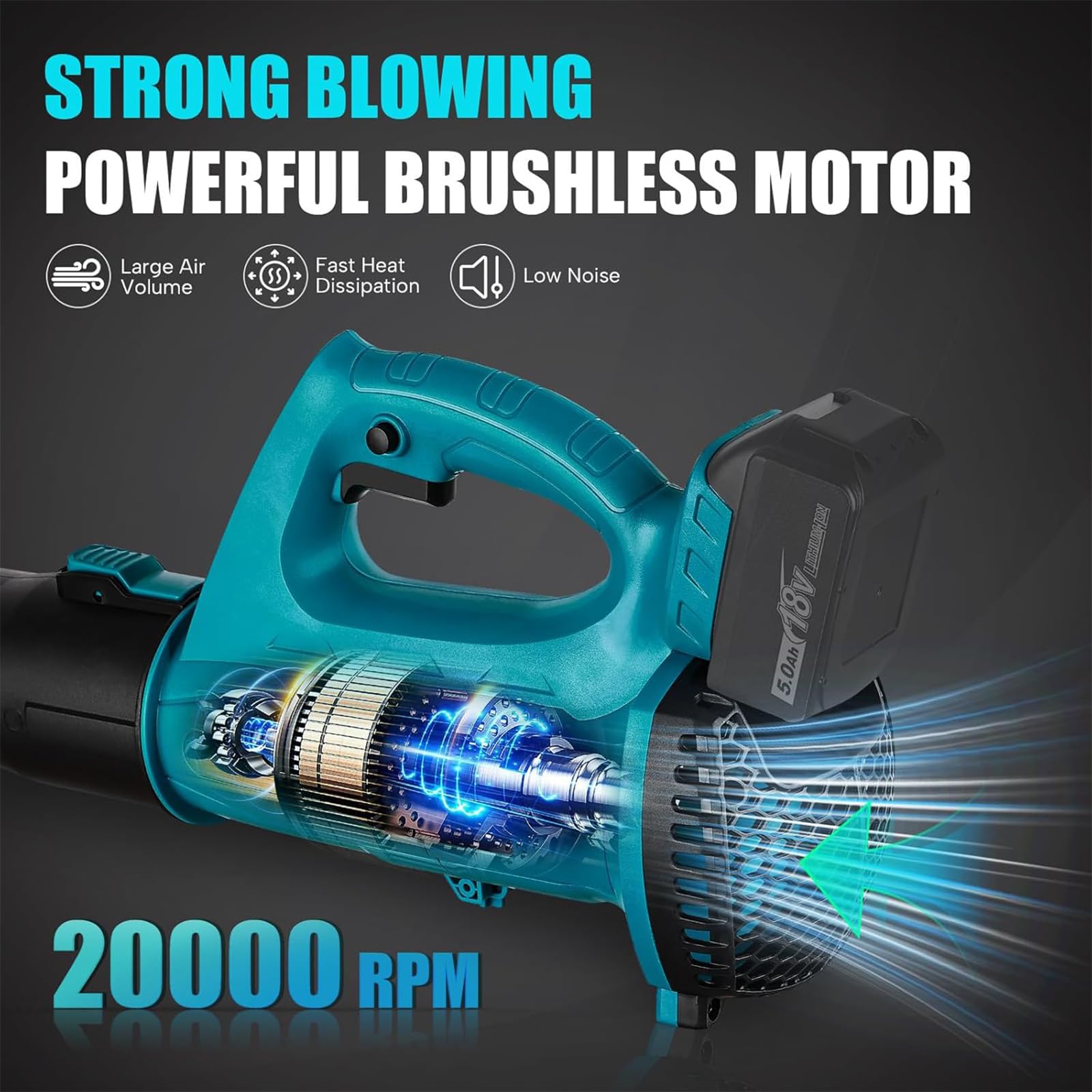 Soffiatore a batteria per batteria Makita da 18 V, soffiatore a batteria per pulizia all'aperto, lama per la cura del prato (velocità dell'aria 67 m/s, portata d'aria 5,8-12,2 m³/min, senza batterie e