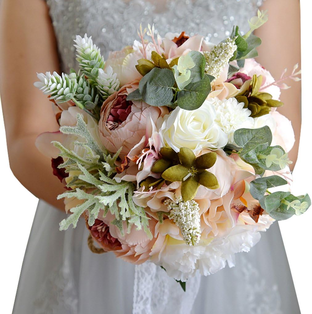 S_SSOY Rural Outdoor Style Multicolor Silk Flowers Hold Bridal Wedding Bouquet with String