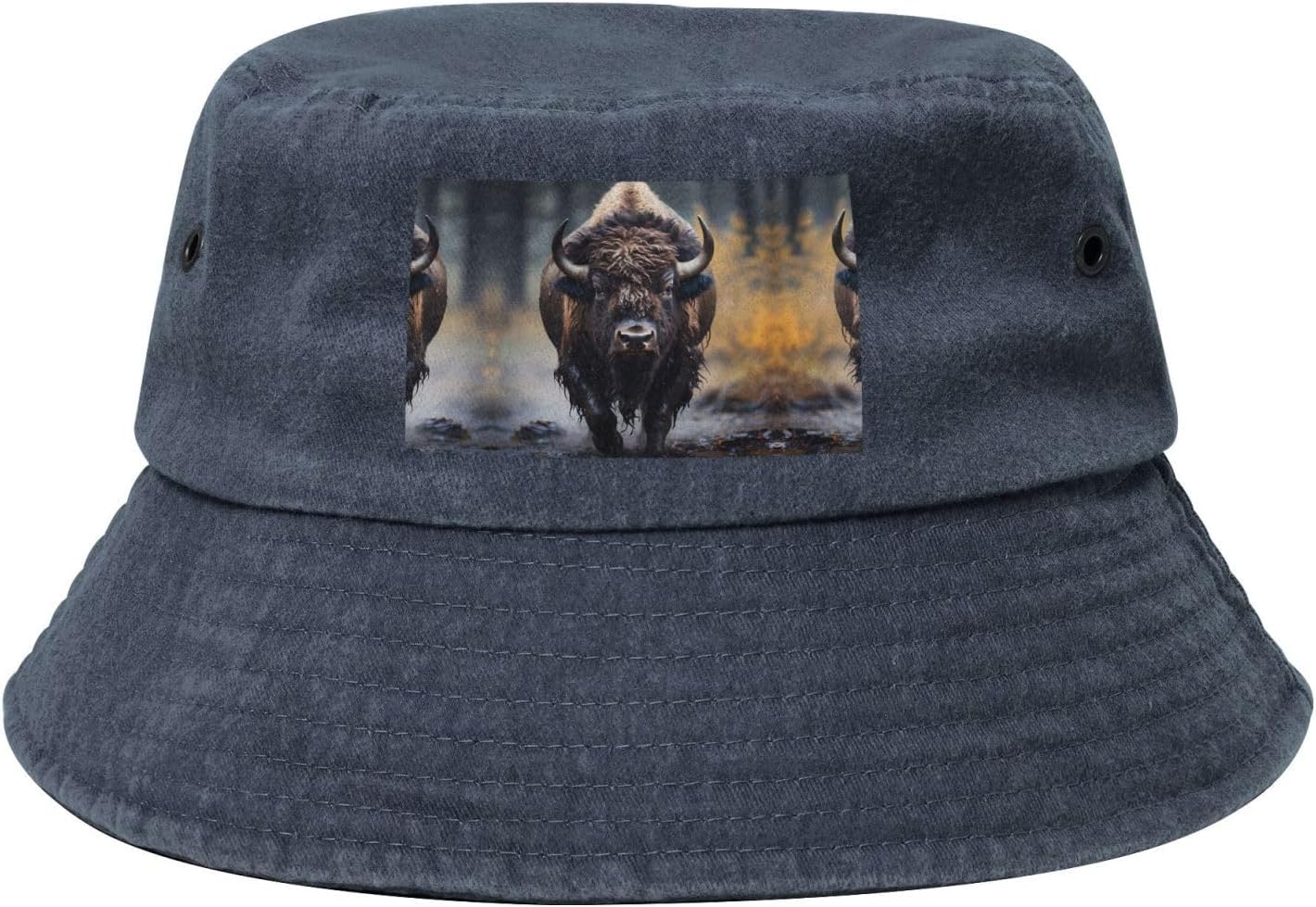 North American Bison Printed Cowboy Fisherman hat, Suitable for Outdoor Fishing Beach Party Fisherman hat Hip-hop hat, Navy Blue