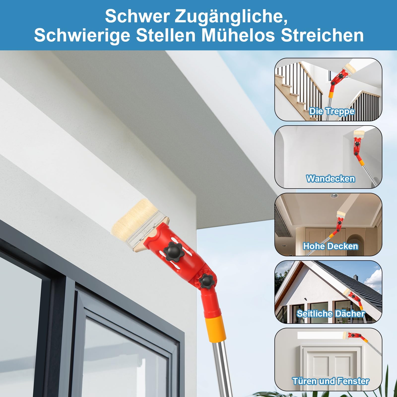 Mehrwinkel Pinsel Verlängerung Farbpinsel Verlängerung, 1.8M Multi Angle Paint Brush Extende, Einziehbare Farbroller Verlängerungsstange für Hohe Decken Wände Zier Und Eckenanstrichwerkzeug (Rot)