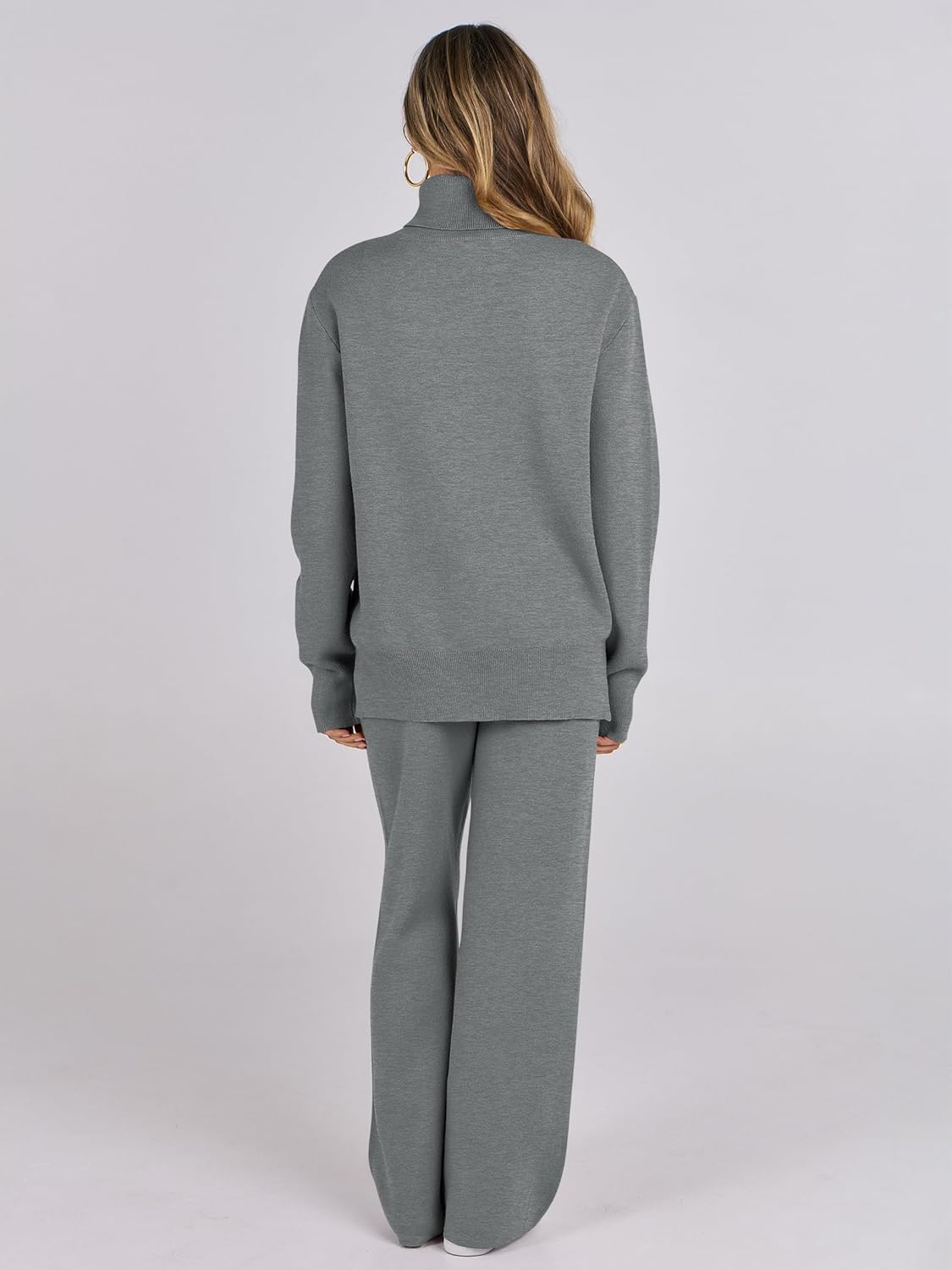 ANRABESS Womens 2 Piece Outfits Turtleneck Matching Lounge Set Sweater Top Wide Leg Pants Fall Cozy Knit Sweatsuit Loungewear - Image 4