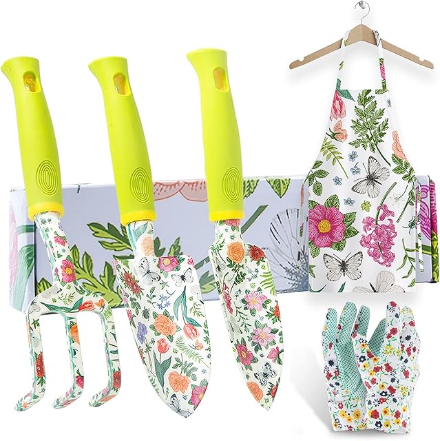 Stanew Gardening Tool, Garden Hand Tool Kit with Apron and Glove- Gardening Gifts for Women,3 Piece Garden Tool Set, Kit, Indoor and Outdoor, Planting Hand Trowel, Weeding Fork,Ergonomic Handle