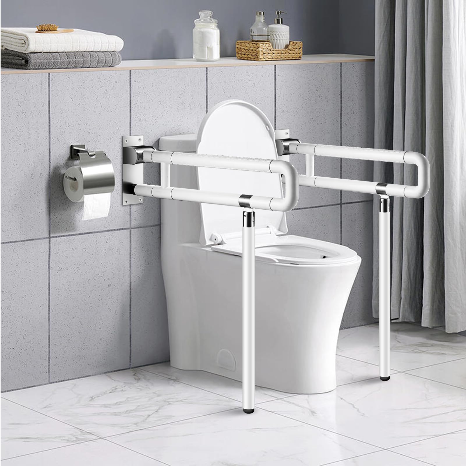 modunful Upgraded Handicap Grab Bars per Bagno Flip Up Toilette – Binari per Anziani da parete maniglia antiscivolo bar per il WC luci di notte 23,6 pollici