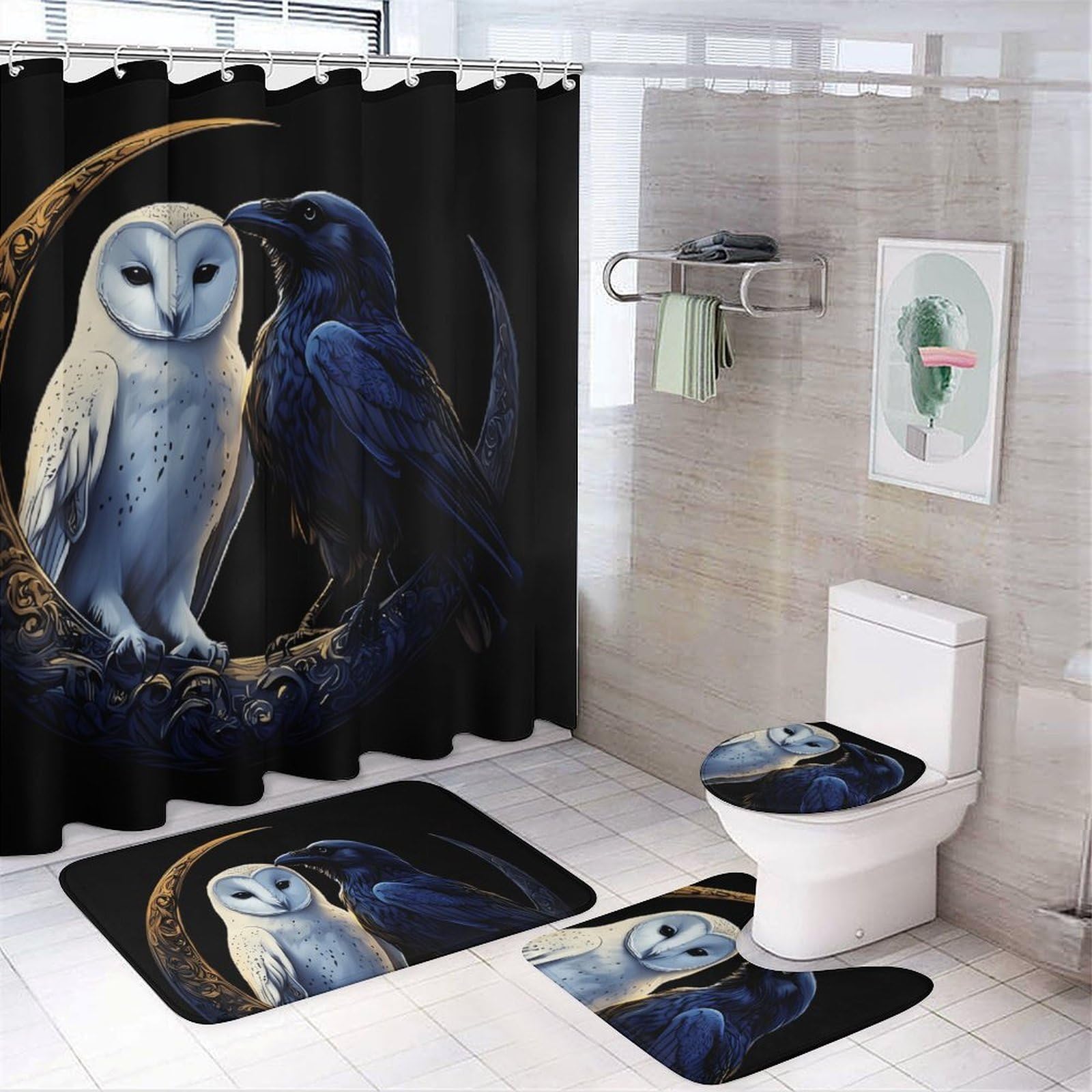 CGSBNGHA Owl-Crow-Moon Shower Curtain Set 4 Piece Bathroom Sets with Rugs Toilet Lid Cover And U-Shaped Floor Mat