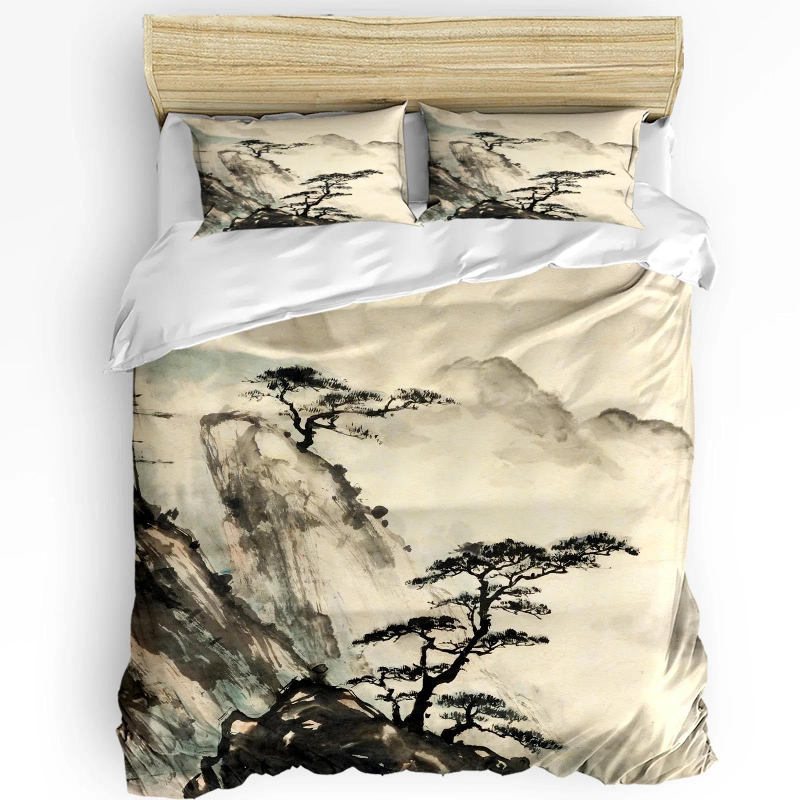 Ensemble de literie style chinois avec housse de couette encre de paysage 220x260cm