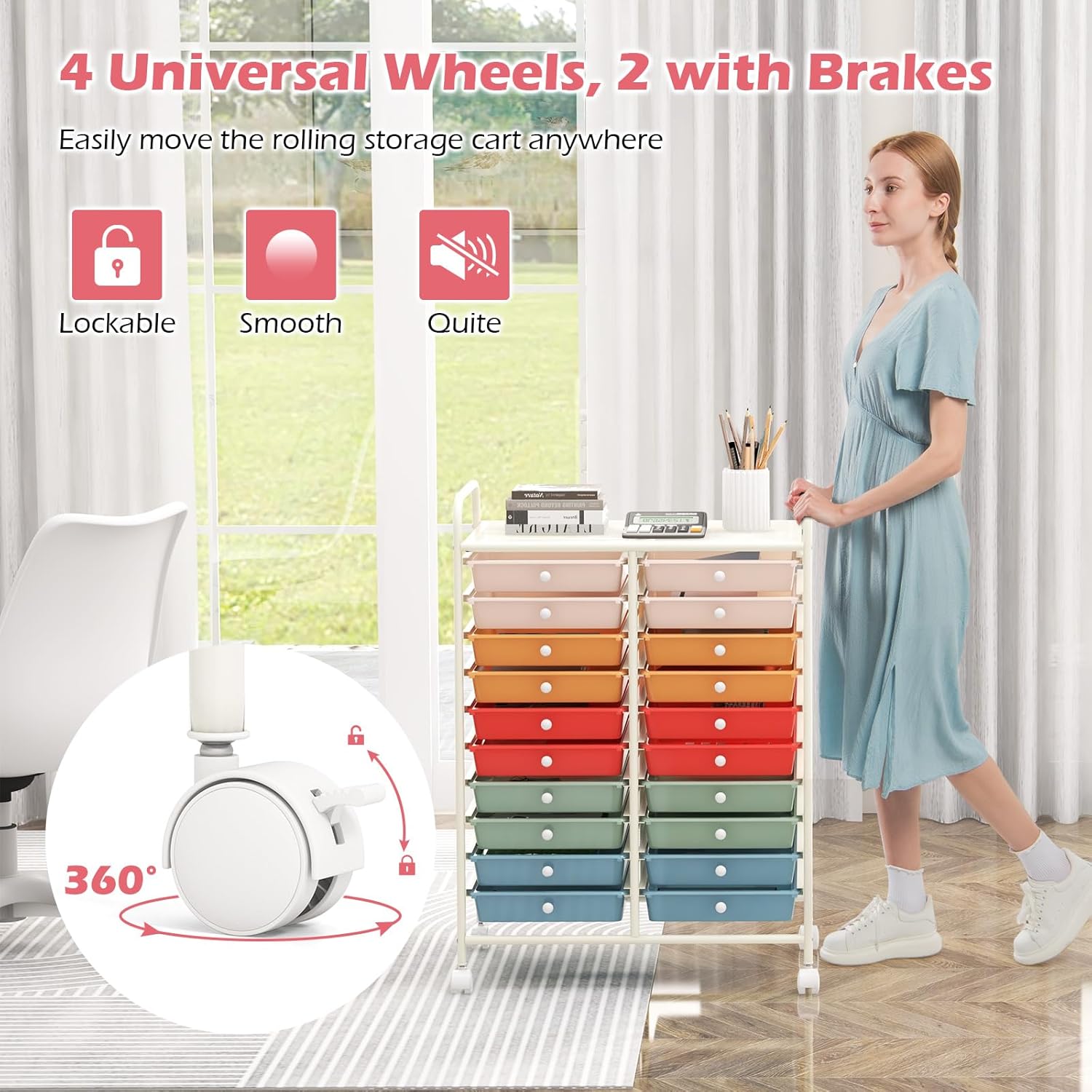 Happygrill 20-Drawer Organizer Cart Tools, Mobile Utility Storage Cart with Removable Drawers & Lockable Wheels, Rolling Storage Cart with wheels for Home Office School (Macaron)