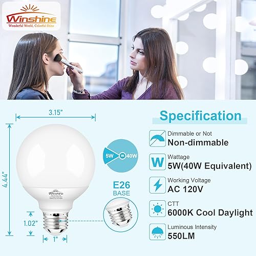 Miniatura 2 de winshine Paquete de 8 bombillas de baño, 6000 K luz diurna equivalente a 40 W, base E26, bombillas LED G25 para espejo de maquillaje de baño, luces