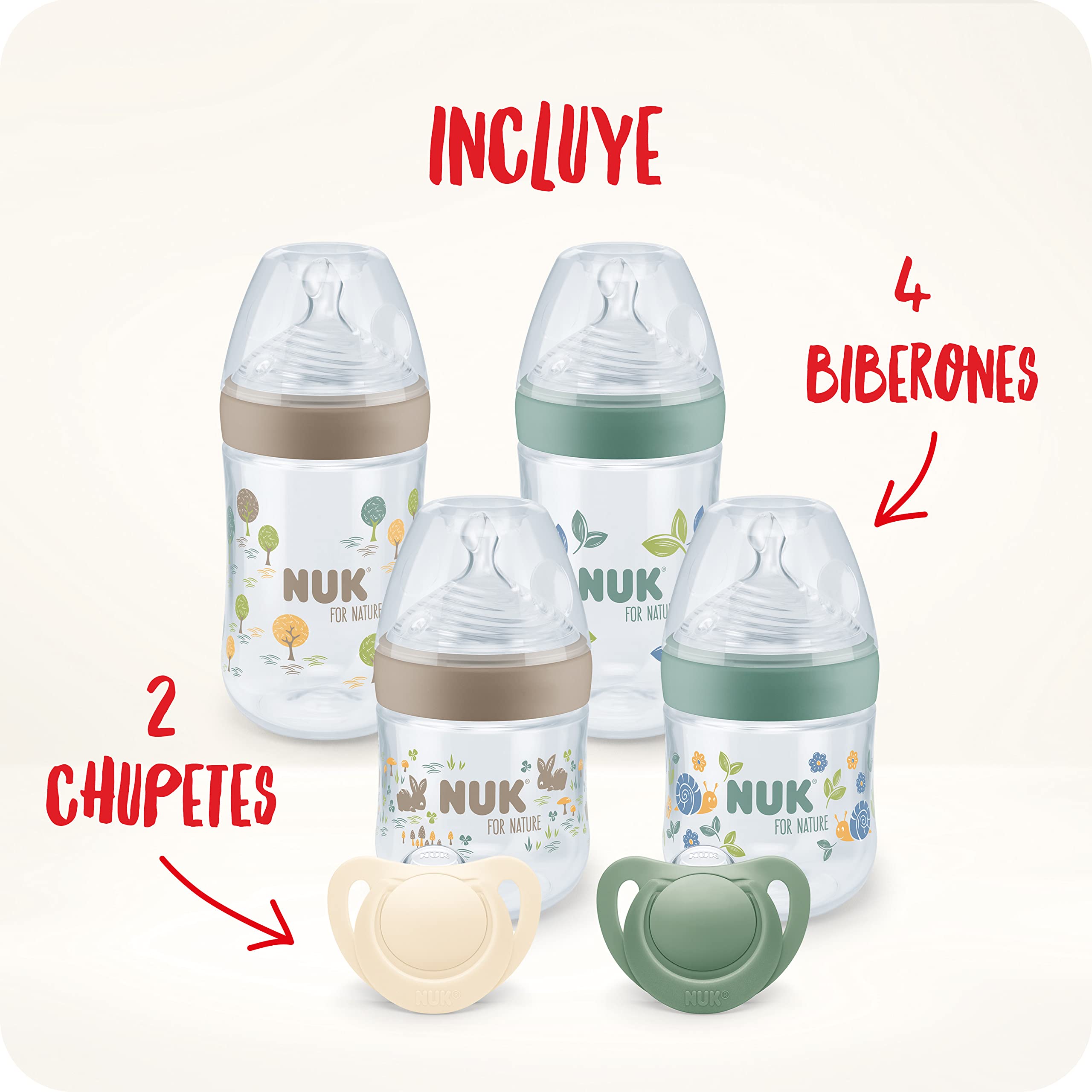 NUK for Nature Perfect Start set de biberones | 0-18 meses | Tetina de silicona | 4 biberones anticólicos, 2 chupetes | Materiales sostenibles y sin BPA | 6 unidades