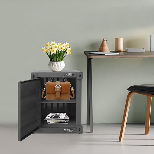 Miniatura 5 de Mesa auxiliar de 2 niveles, gabinete de metal de estilo industrial con cerradura de hierro, mesas auxiliares de hierro multifuncionales para