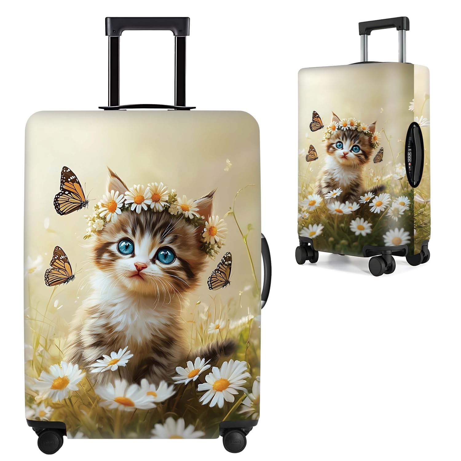 Cute Cat and Butterflies Luggage Cover for 24-26 Inch Suitcase – Colorful Floral Travel Protector with Daisy and Meadow Design – Stretch Washable Luggage Sleeve,M