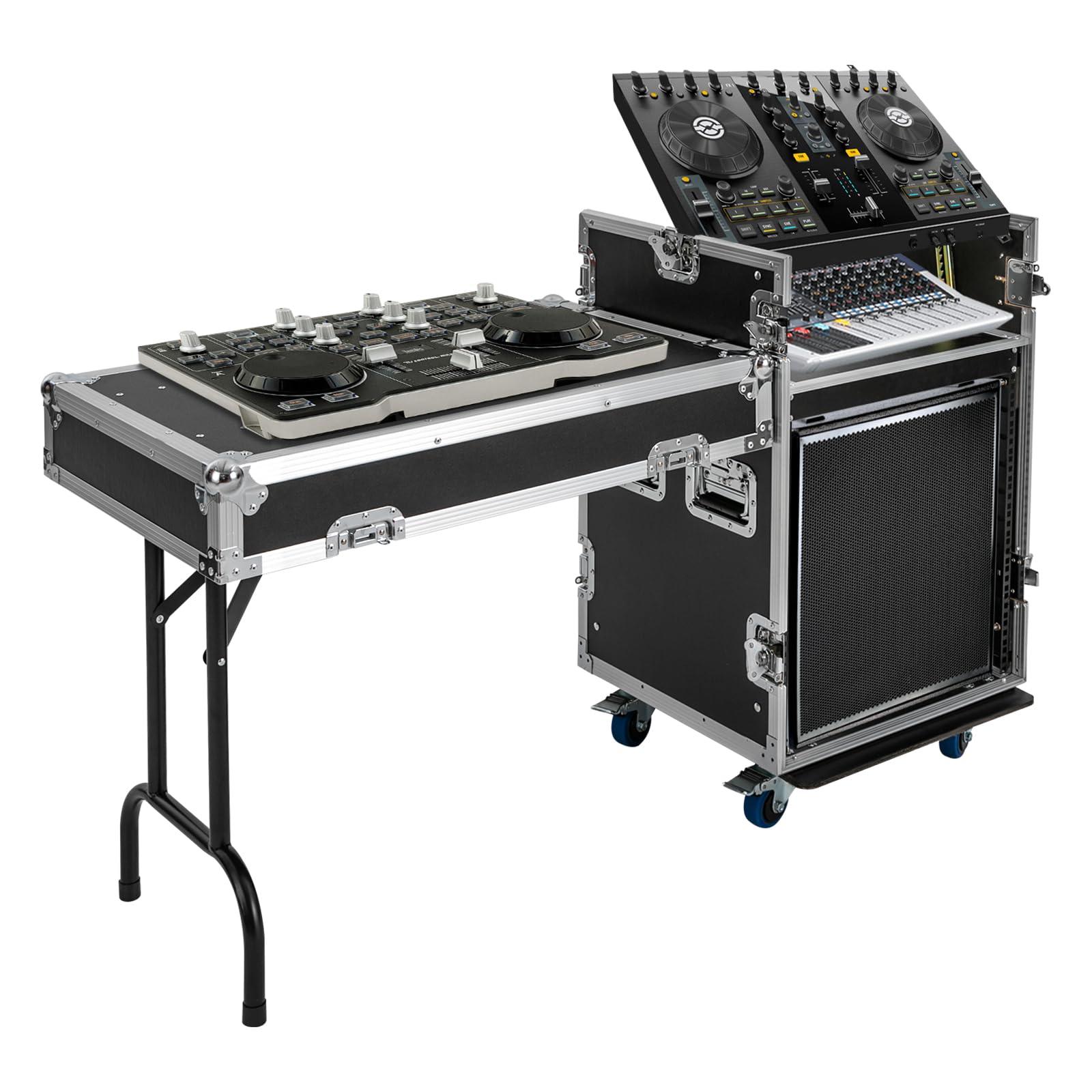 PA DJ Rack, 2-Tiers 12U PA Rack/Road Case Top DJ Tables with 4 Wheels Cabinet Network & Stereo Table Rack Free Standing