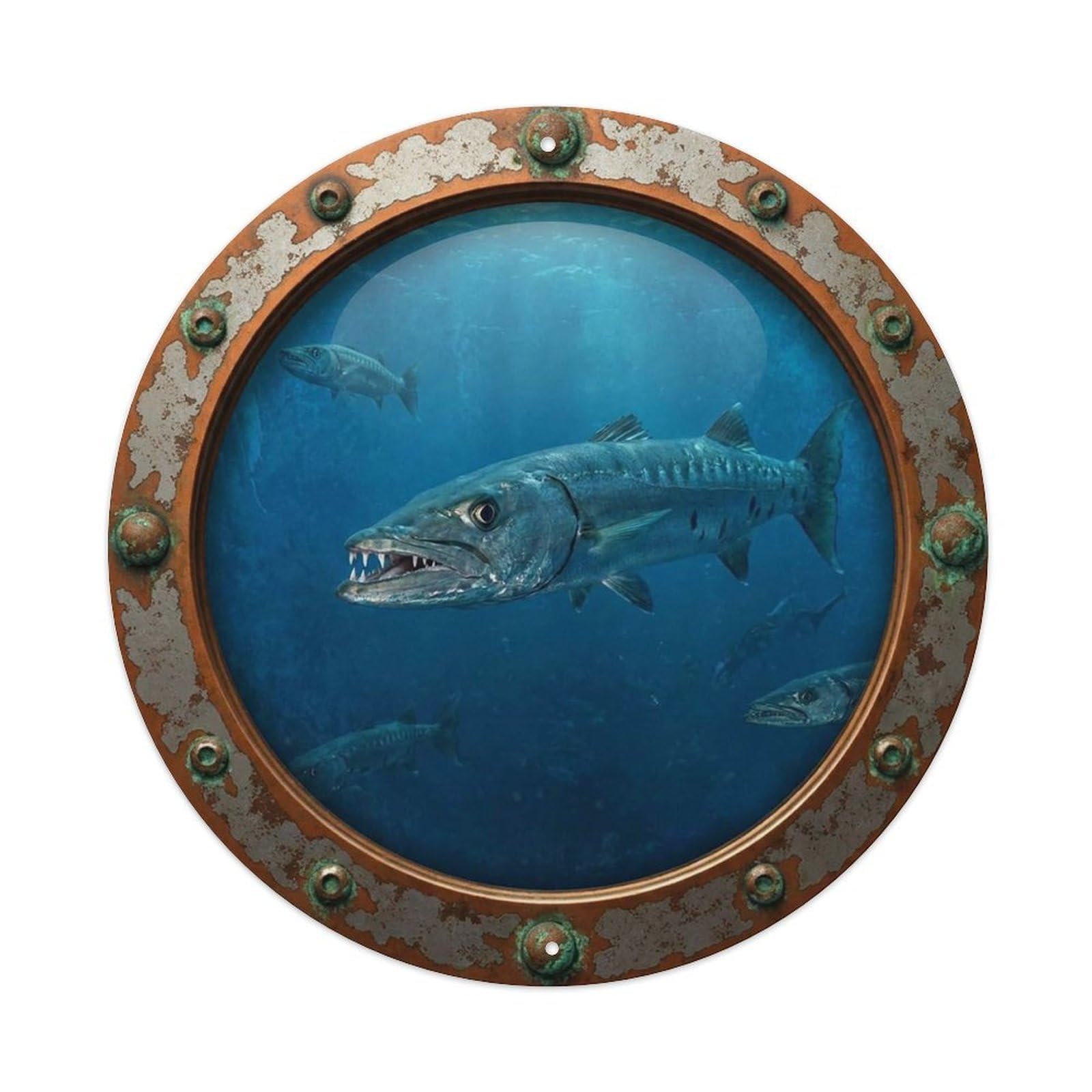 Vintage Porthole Barracuda Nautical Window View Vintage Metal Tin Sign Plaque Wall Decor for Cafe, Club Bar, Office, Garden Metal Poster 8x8Inch