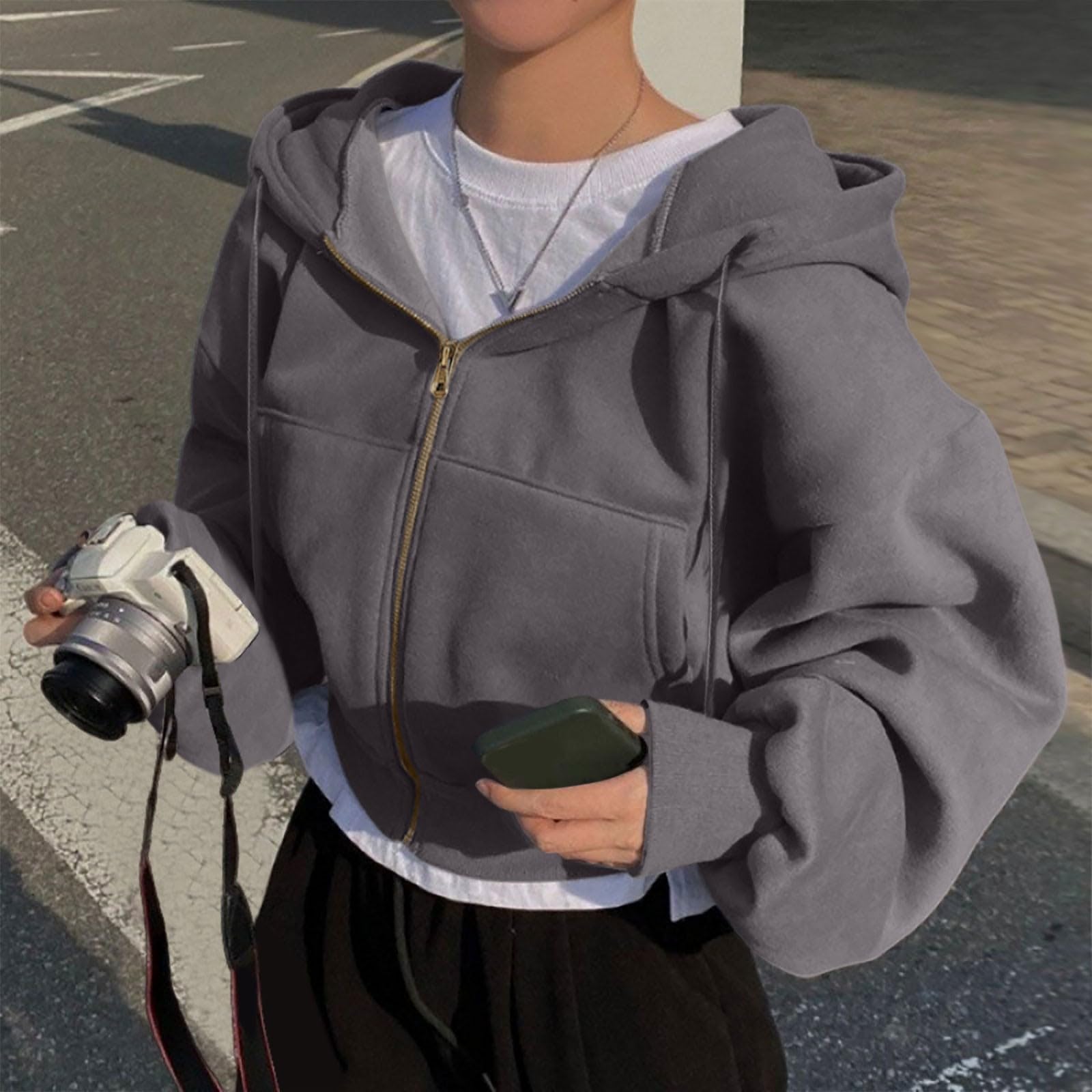 Generisch Sweat à capuche pour femme Crop Couleur unie Manches longues Pull de transition Loisirs Top Poche pratique Décontracté Couleur unie Pull à capuche Poches Haut